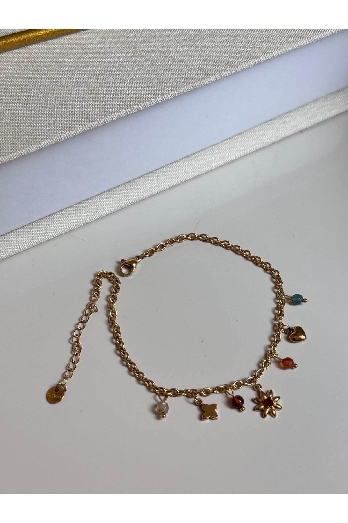 LEROSY CO Renkli Taşlı Çiçek Kalp Figürlü Altın Renk Charm Kadın Halhal