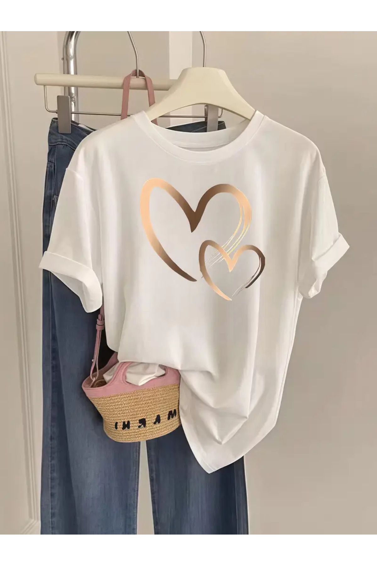 CLASİVA Kalp Baskılı Oversize Bisiklet Yaka t-shirt
