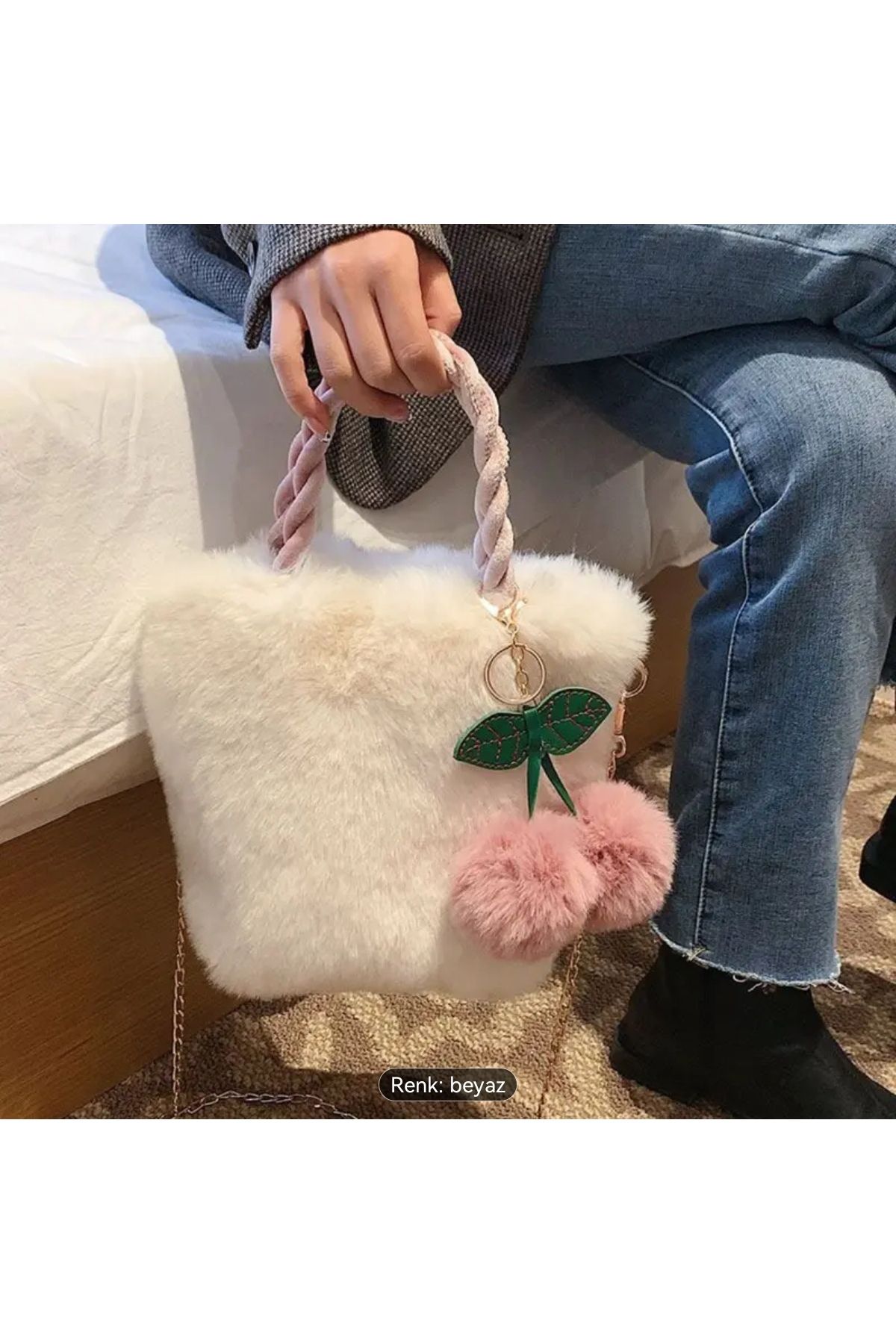 ORGANICYOU Hangzhou Kadınlar İçin Beyaz Kiraz Desenli Peluş Kürk Çanta