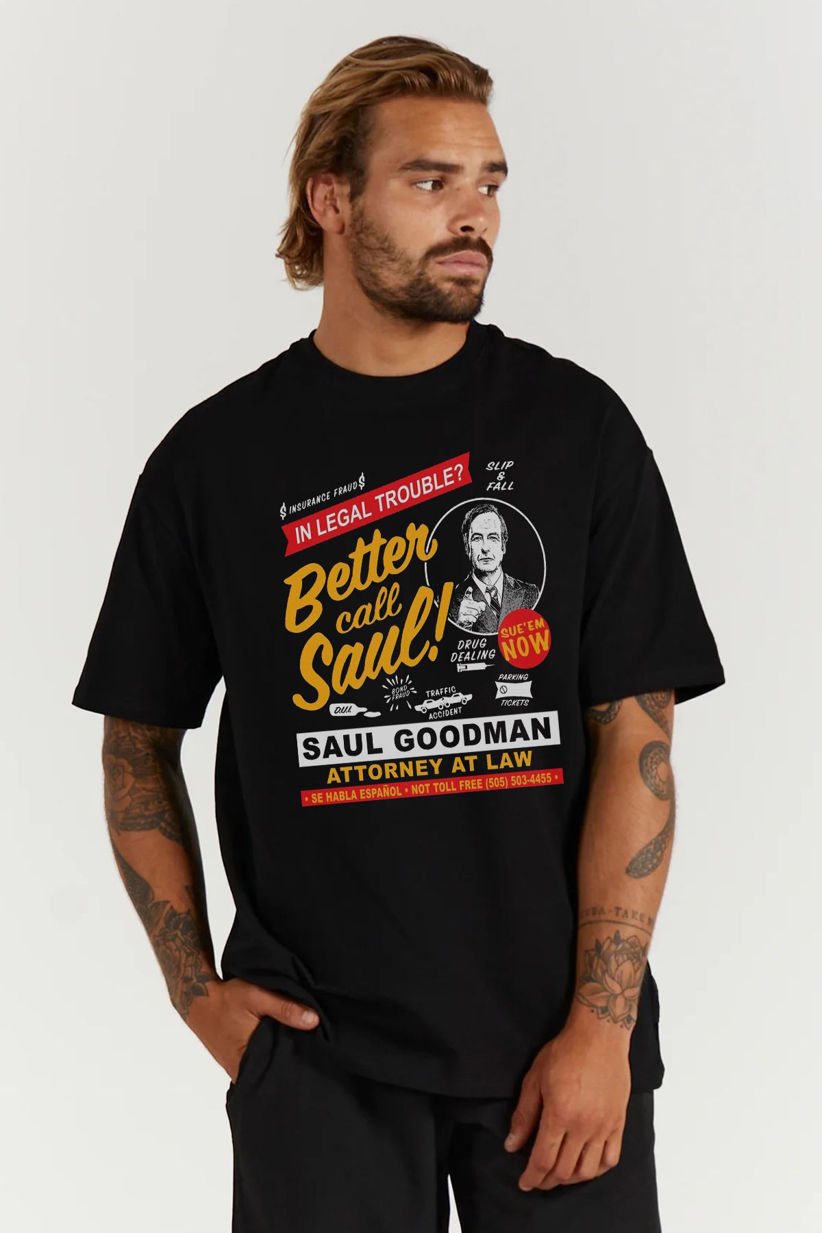 MODA Better Call Saul Breaking Bad Saul Goodman Baskılı Oversize Kalıp Siyah Geniş Bol Kesim Erkek Tişört