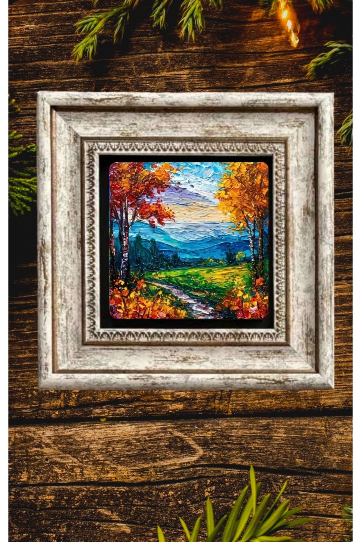 STONEVİVEART Manzara Doğal Taş Baskılı Çerçeveli Tablo 20x20cm Duvar Dekoru