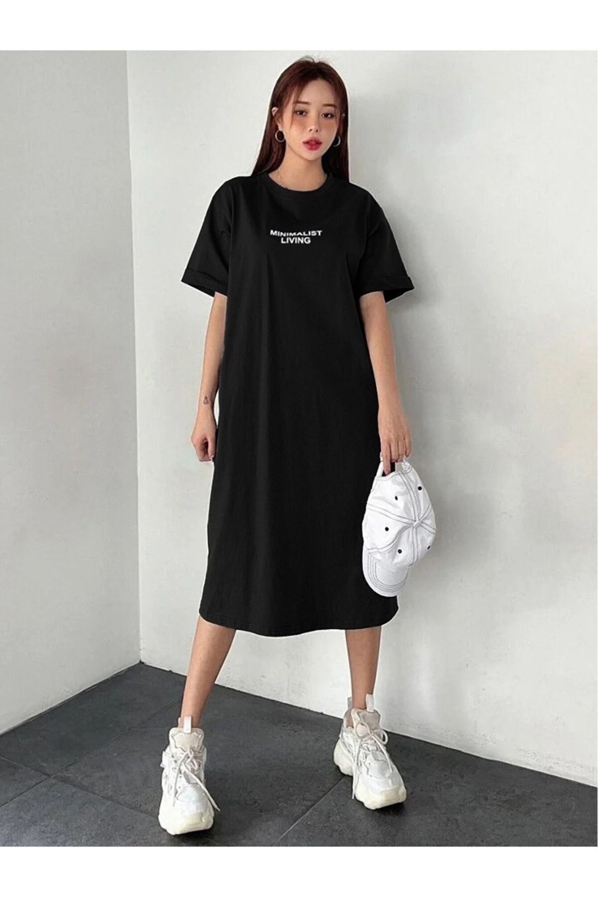 NoVibe Kadın Büyük Beden Minimalist Baskılı T-shirt Bisiklet Yaka Elbise/tunik