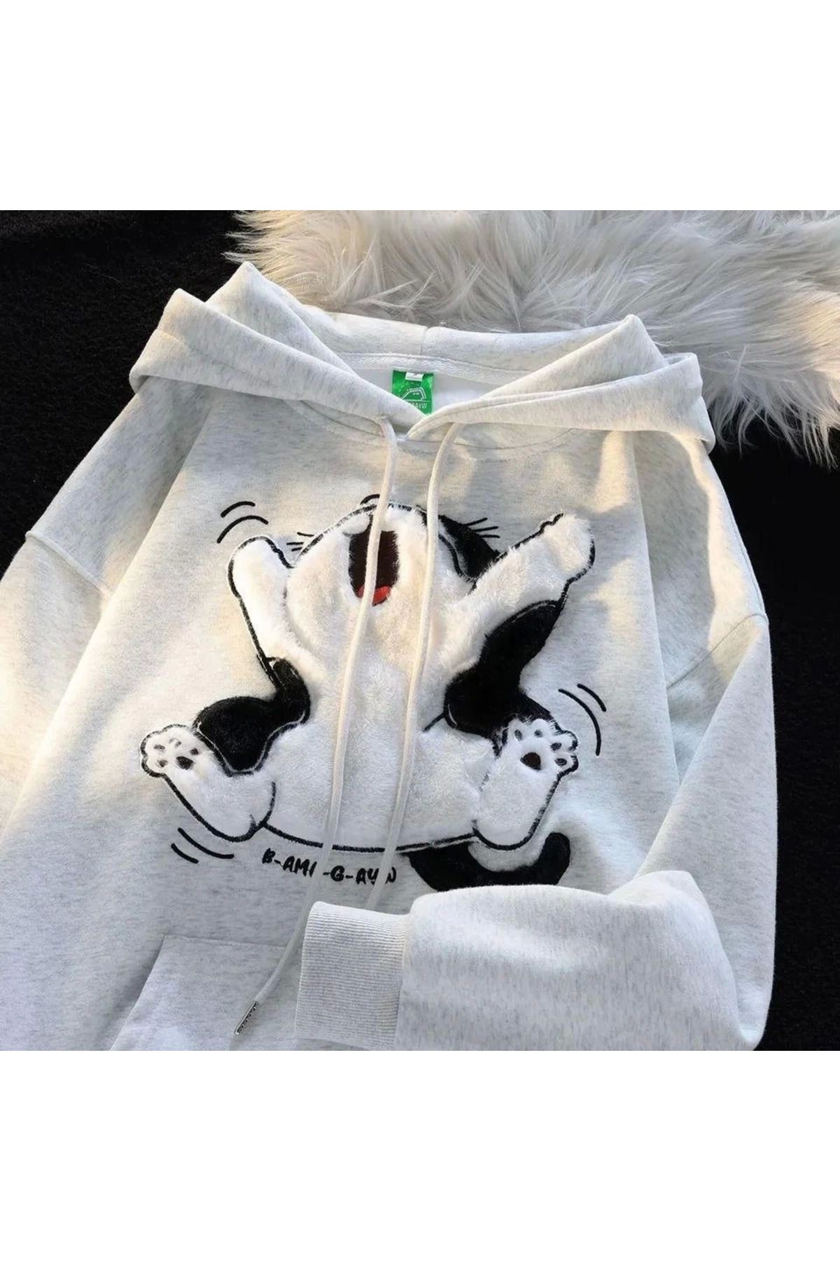 Omarı 3 iplik şardonlu oversize compact peluş baskılı sweat beyaz
