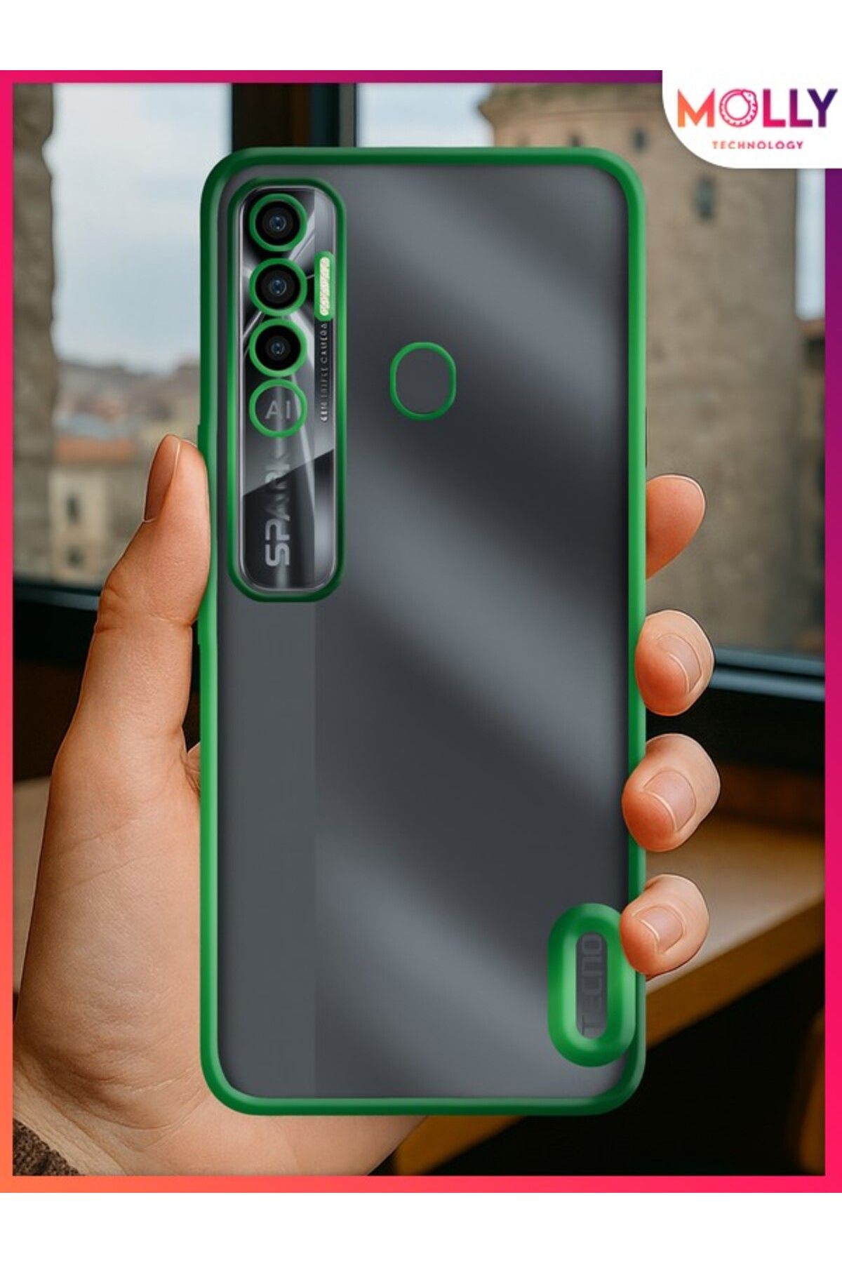 Molly Tecno SPARK 7 PRO Için Kenarları Zehir Yeşili Lens Koruyuculu Lou Lazer Şeffaf Silikon Kılıf
