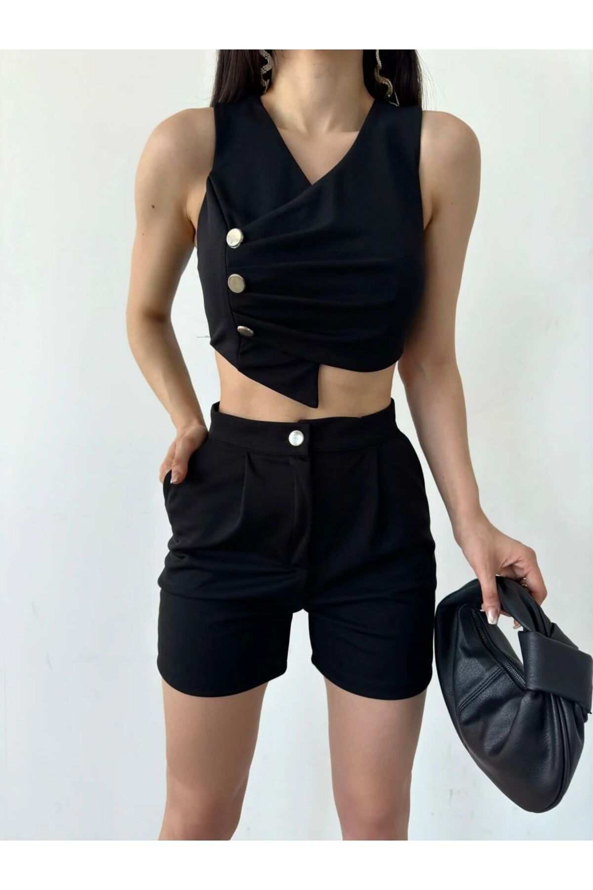 neonstore Kadın Kruvaze Yaka Crop Yelek Ve Şort Ikili Takım