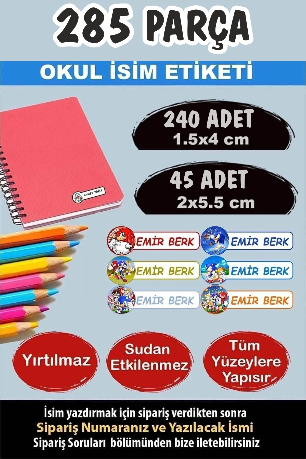 KT Decor Okul Etiketi Kalem Defter Etiketi Özel Isimli Etiket Sonic 6 Figür 285 Parça