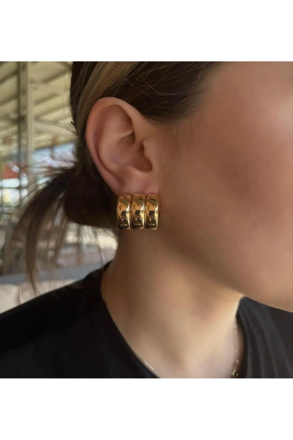 LİSBOND ELEGANCE Lisbond Elegance Accessory Vizyonova Çelik Üç Bombeli Gold Kadın Küpe