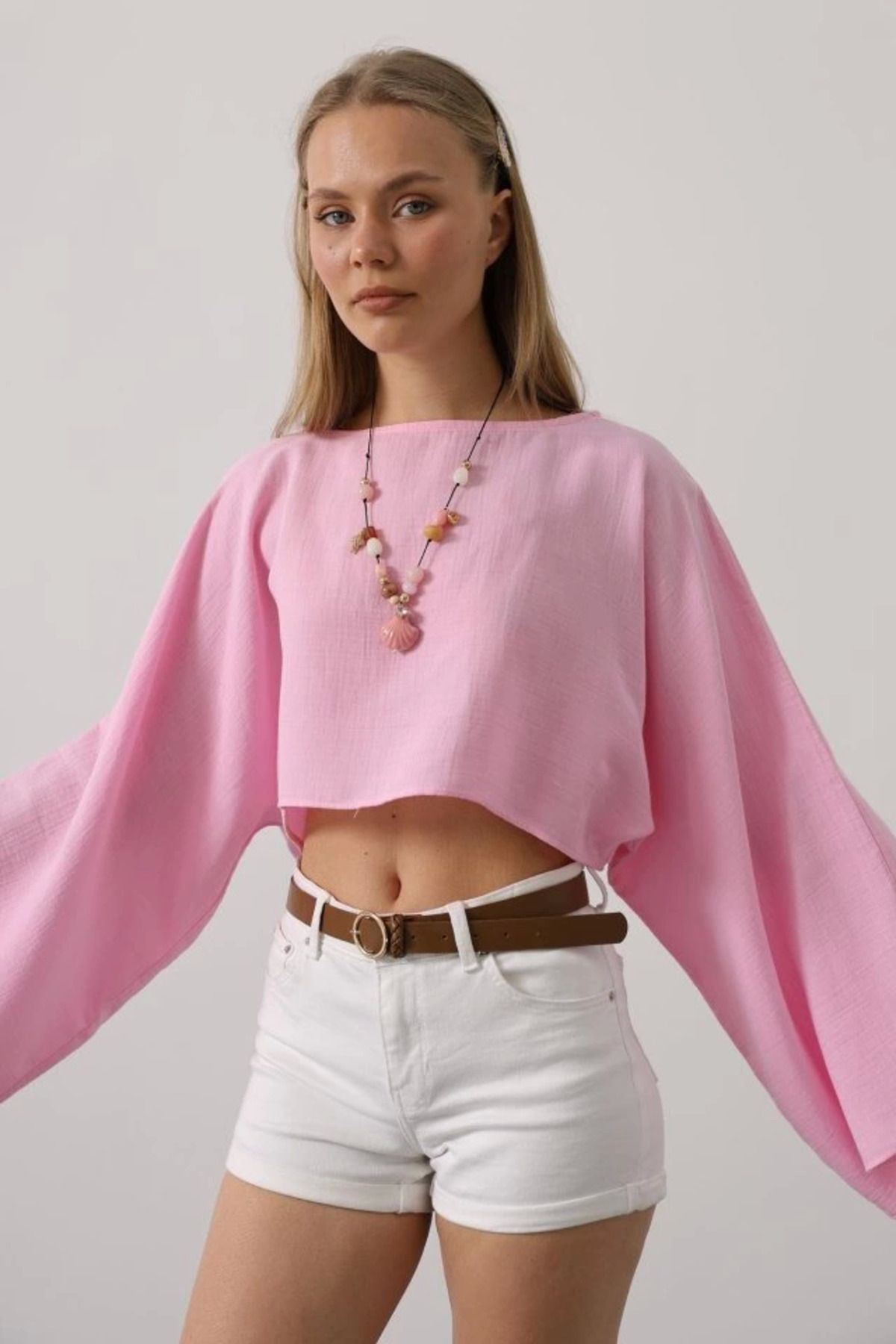 Omarı YARASA KOLLU CROP BLUZ - Pembe