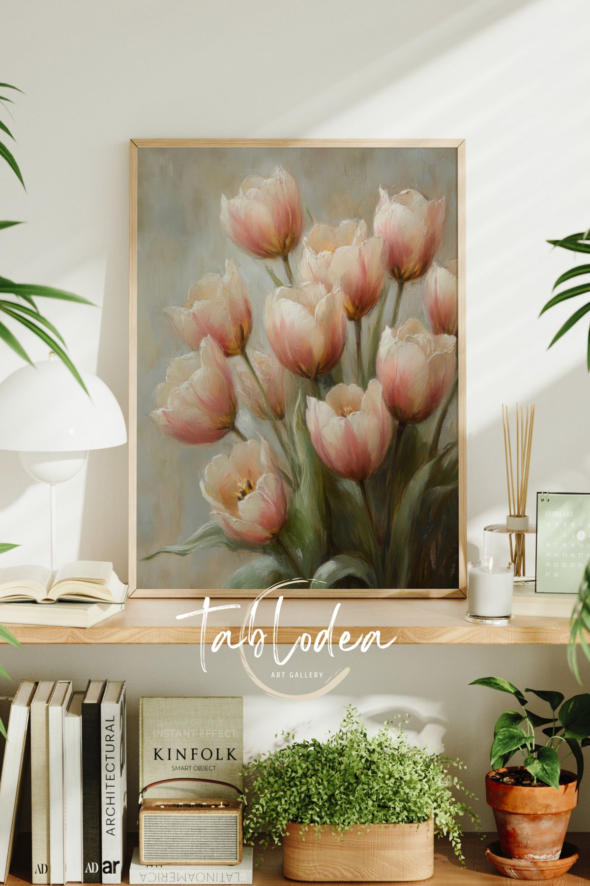 tablodea Çerçeveli Pembe Lale Çiçekli Vintage Tablo, Pinterest Çiçekli Dekoratif Poster Tablo, Bohem Tablo
