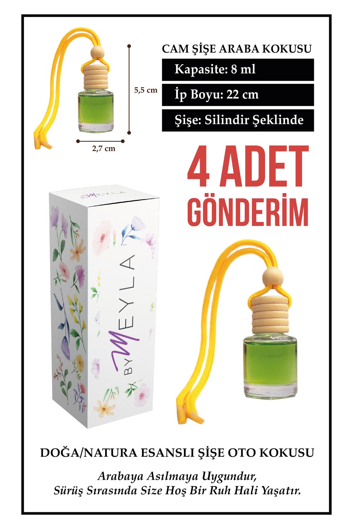 Meröka 4 Adet Doğa Nature Esans Aromalı Cam Şişeli Oto Kokusu ve Dikiz Aynası Aksesuarı