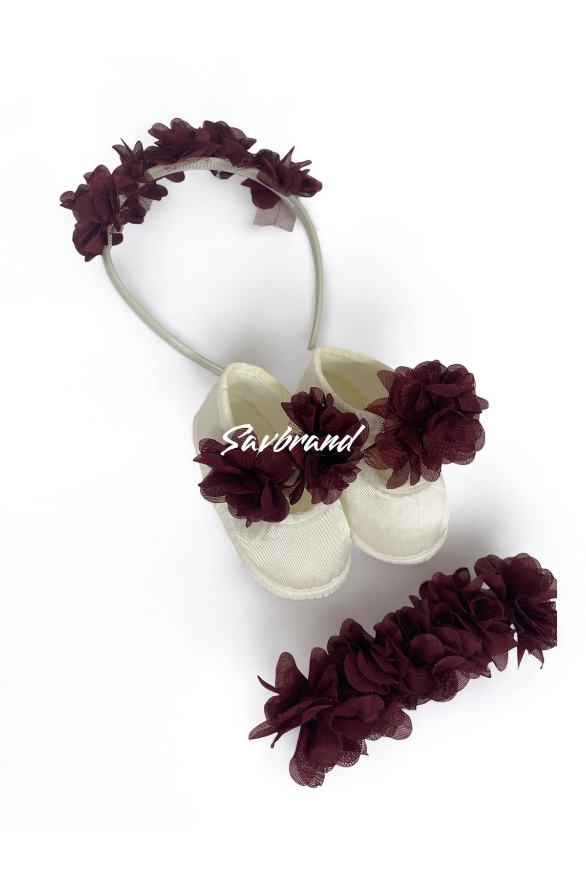 SavBrand Lazer Çiçekli Lohusa Anne Tacı Bandanası ve Bebek Patiği fotoğrafı 2 (önizleme)