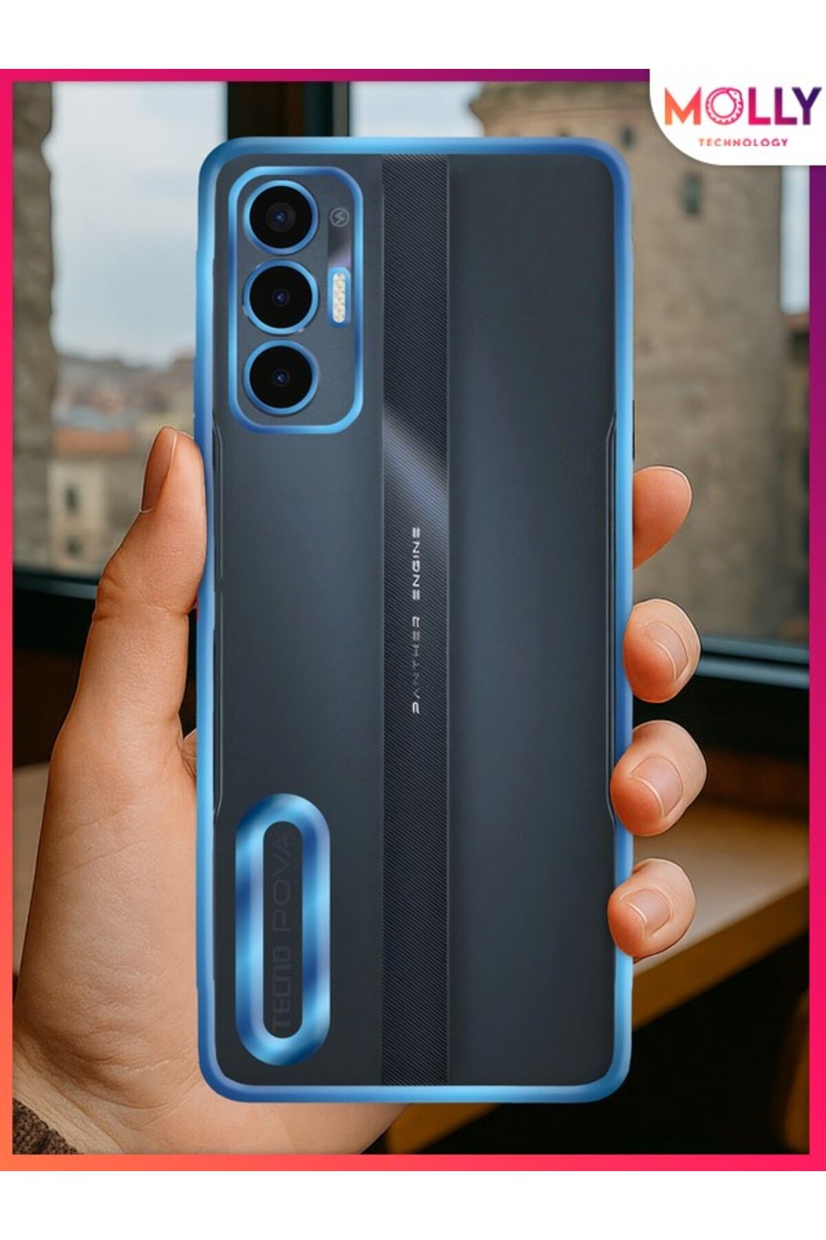 Molly Tecno POVA 3 Için Kenarları Metalik Mavi Lens Koruyuculu Lou Lazer Şeffaf Silikon Kılıf