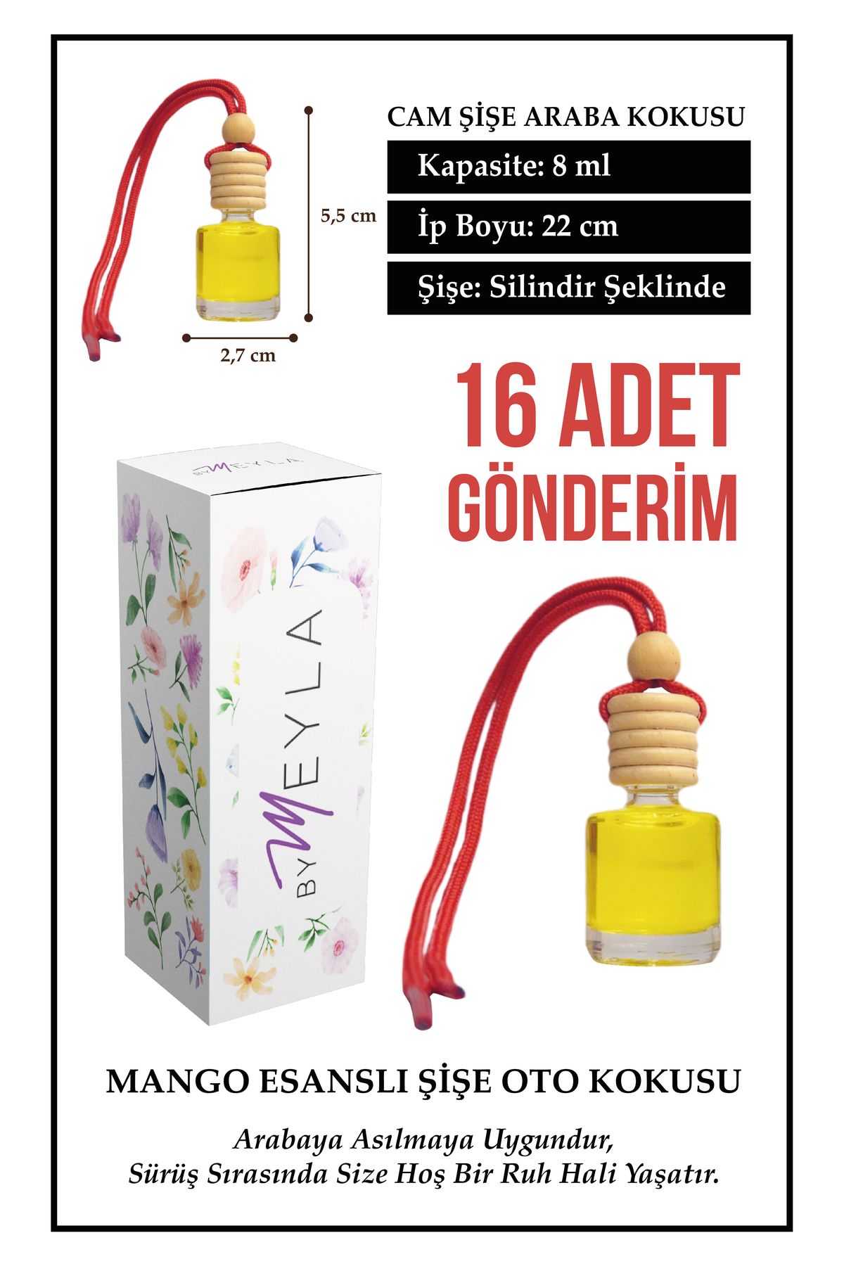 Meröka 16 Adet Mango Esans Aromalı Cam Şişeli Oto Kokusu ve Dikiz Aynası Aksesuarı