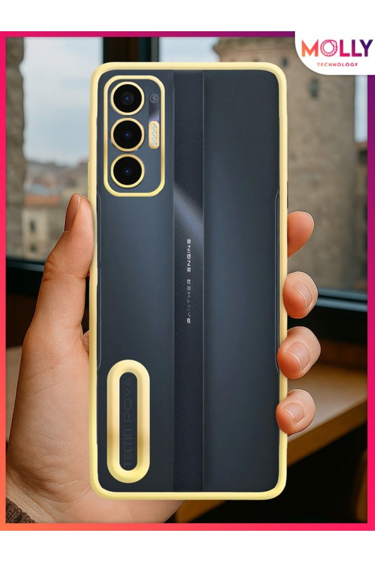 Molly Tecno POVA 3 Için Kenarları Gold Lens Koruyuculu Lou Lazer Şeffaf Silikon Kılıf