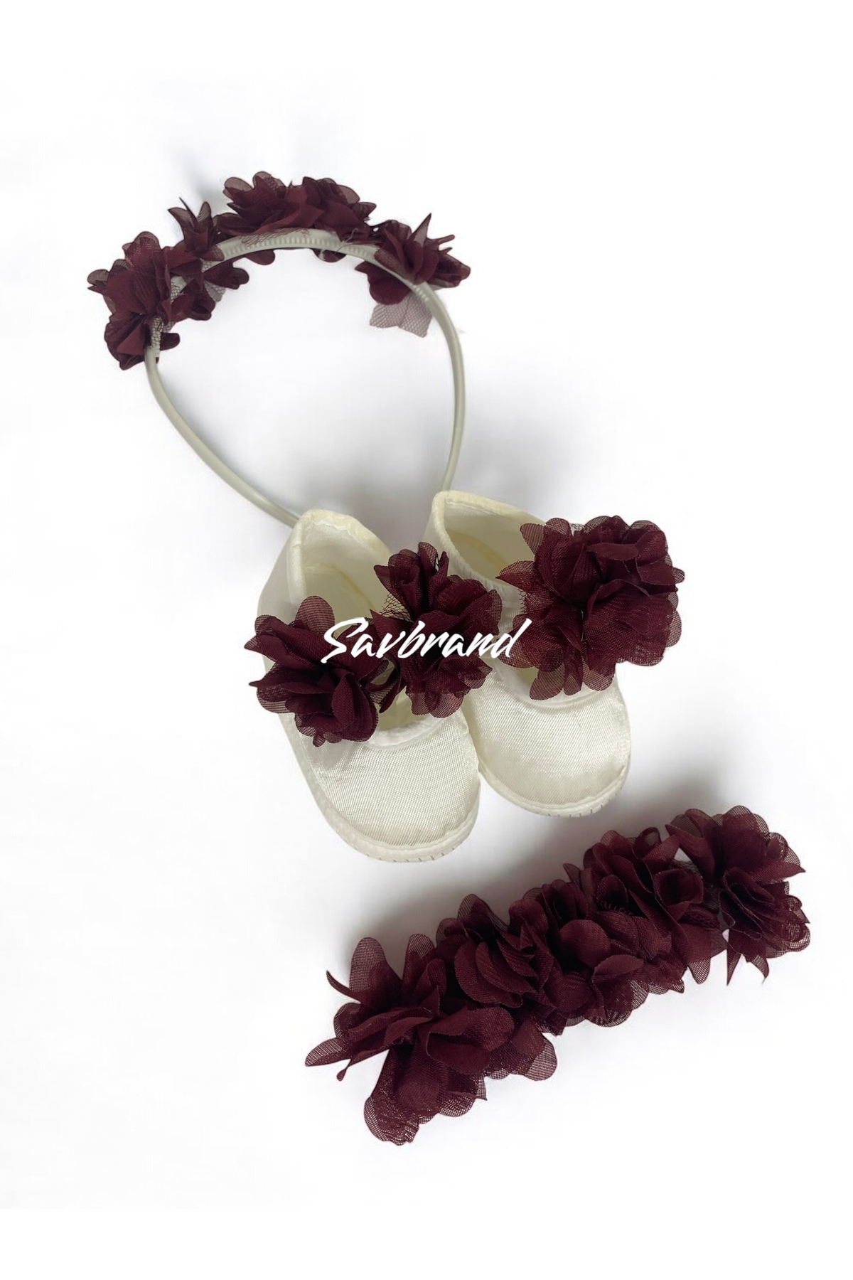 SavBrand Lazer Çiçekli Lohusa Anne Tacı Bandanası ve Bebek Patiği fotoğrafı 3 (önizleme)