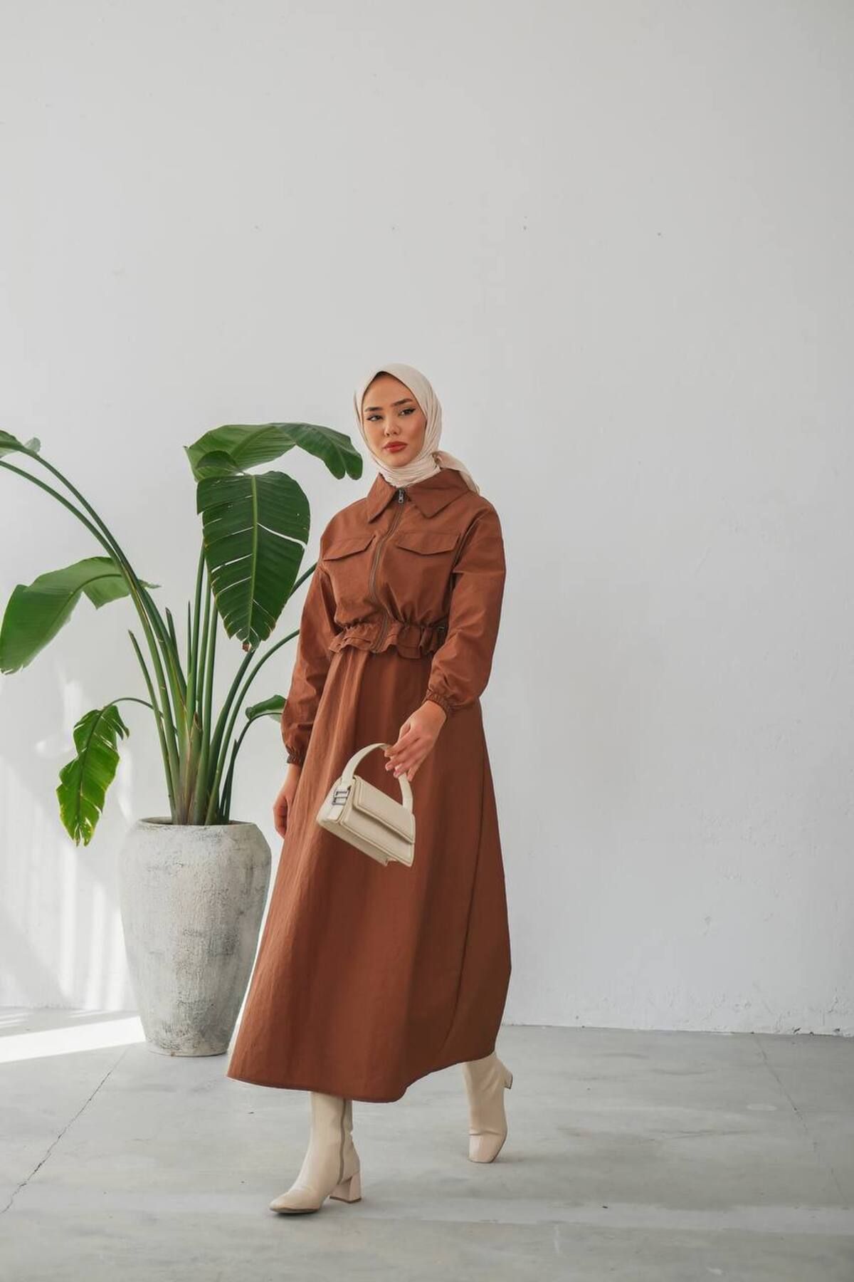 Afili butik İKİLİ TAKİM : FERMUARLI CROP CEKETLİ VE KOLSUZ UZUN ELBİSE- PARAŞÜT KUMAŞ