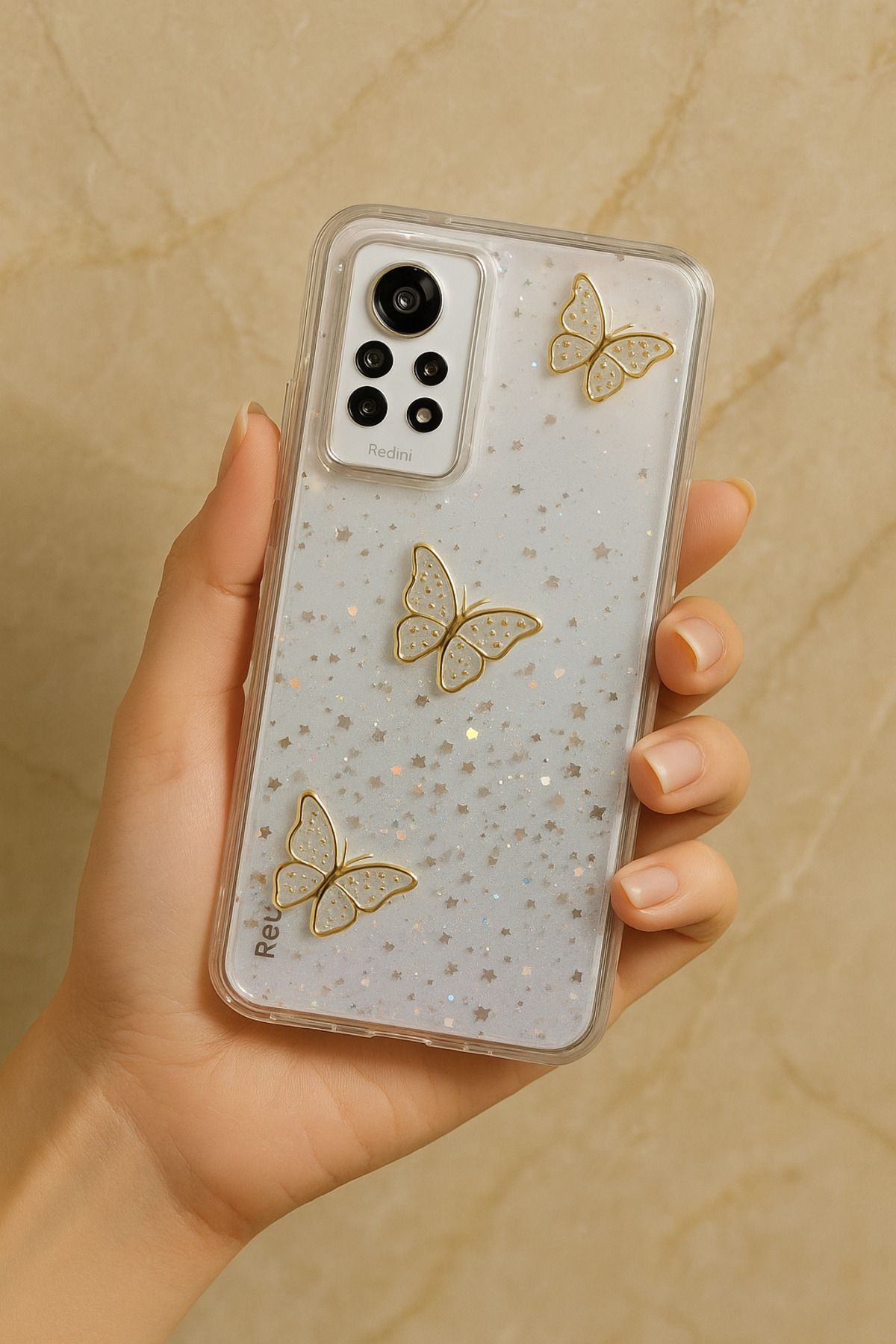 Rivor Redmi Note 11 Pro & Note 12 Pro 4G Kılıf Kamera Çıkıntılı Simli Kelebek Kabartmalı İnce Kapak