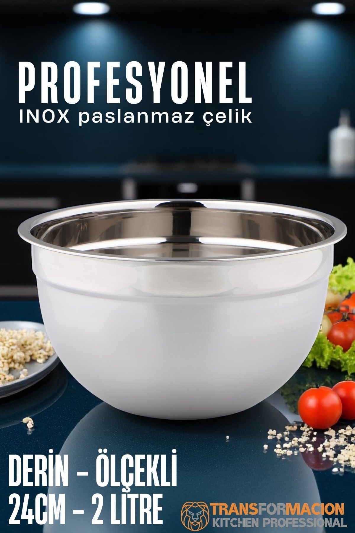 Transformacion Inox Ölçekli Derin Kase - 24 Cm 2 Litre Karıştırma Kabı Profesyonel 304 Paslanmaz Çelik 721842