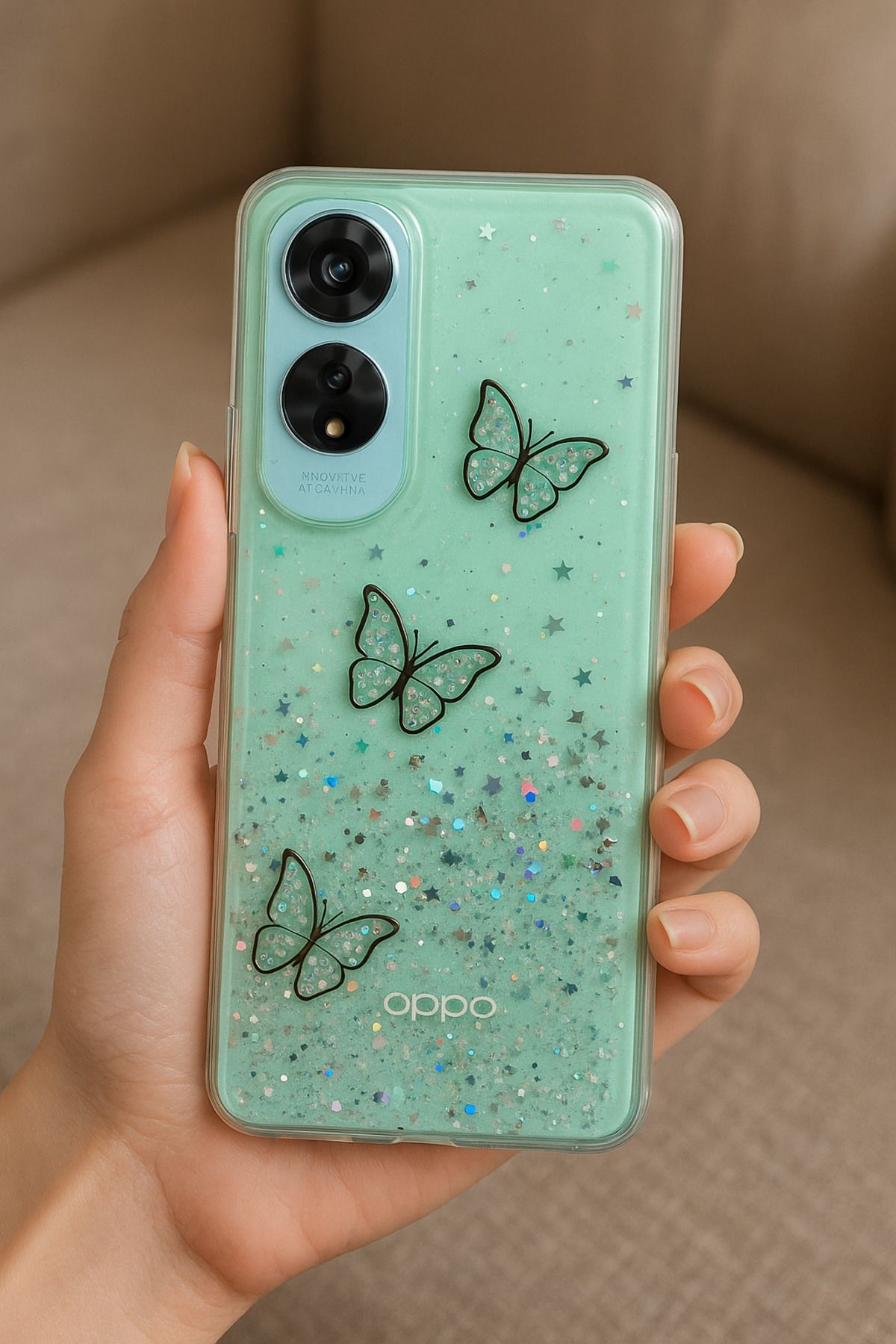 Rivor Oppo A60 Uyumlu Kılıf Kamera Çıkıntılı Simli Kelebek Kabartmalı Desenli İnce Premium Kapak