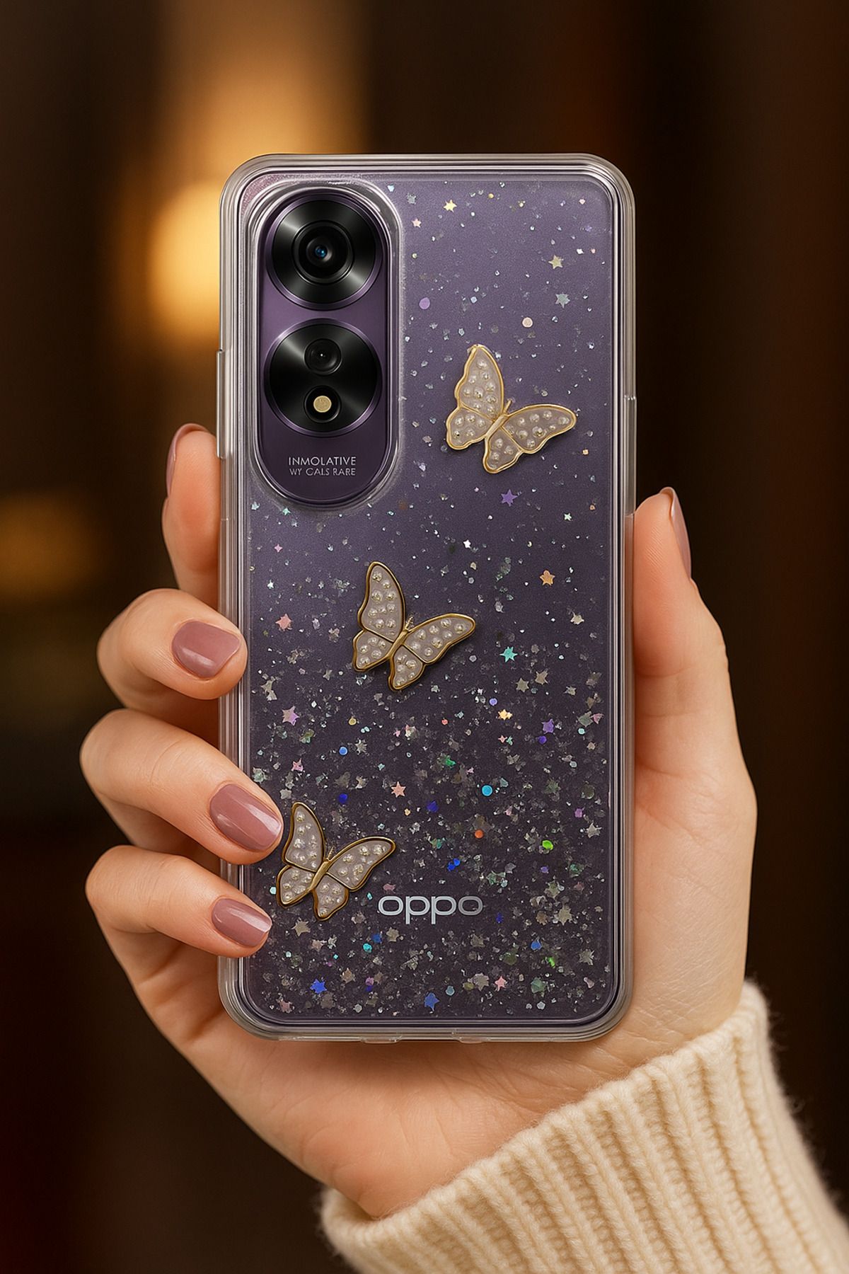 Rivor Oppo A60 Uyumlu Kılıf Kamera Çıkıntılı Simli Kelebek Kabartmalı Desenli İnce Premium Kapak