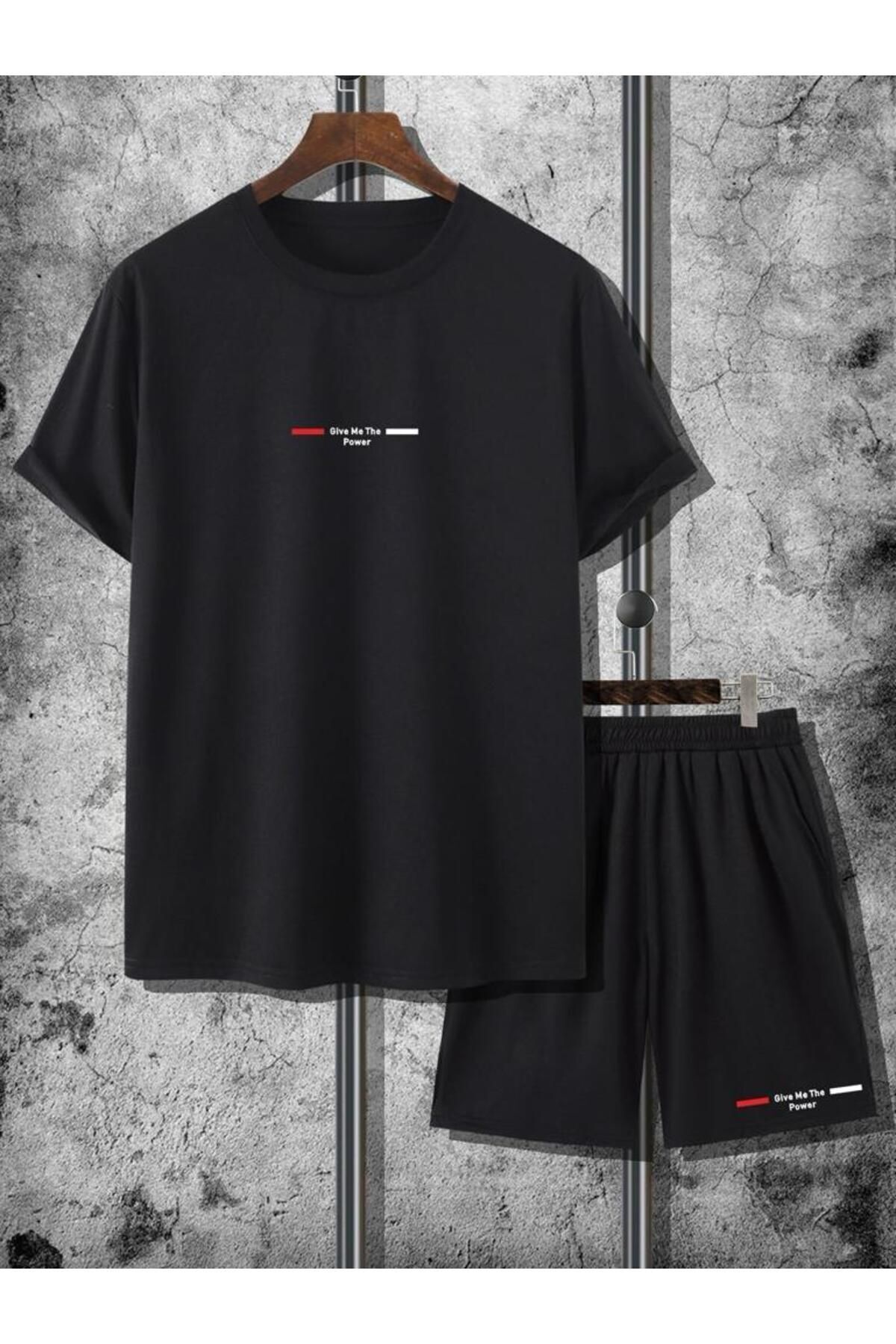 Mythologie Give Me Power T-shirt Penye Şort - Siyah Şort Tişört Takım Baskılı Oversize Bisiklet Yaka