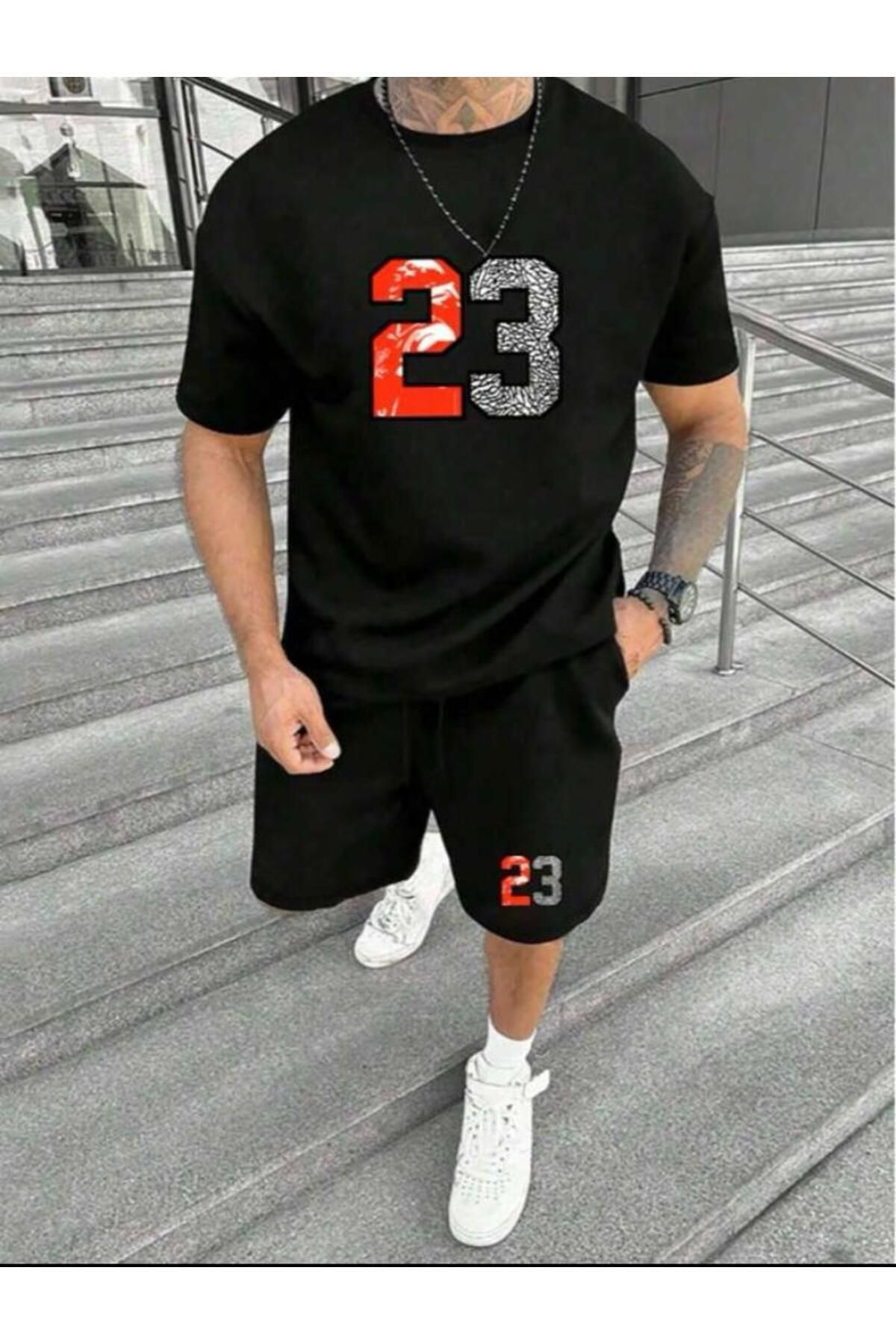 Trendglow 23 Numaralı T-shirt Penye Şort - Siyah Şort Tişört Takım Baskılı Oversize Bisiklet Yaka
