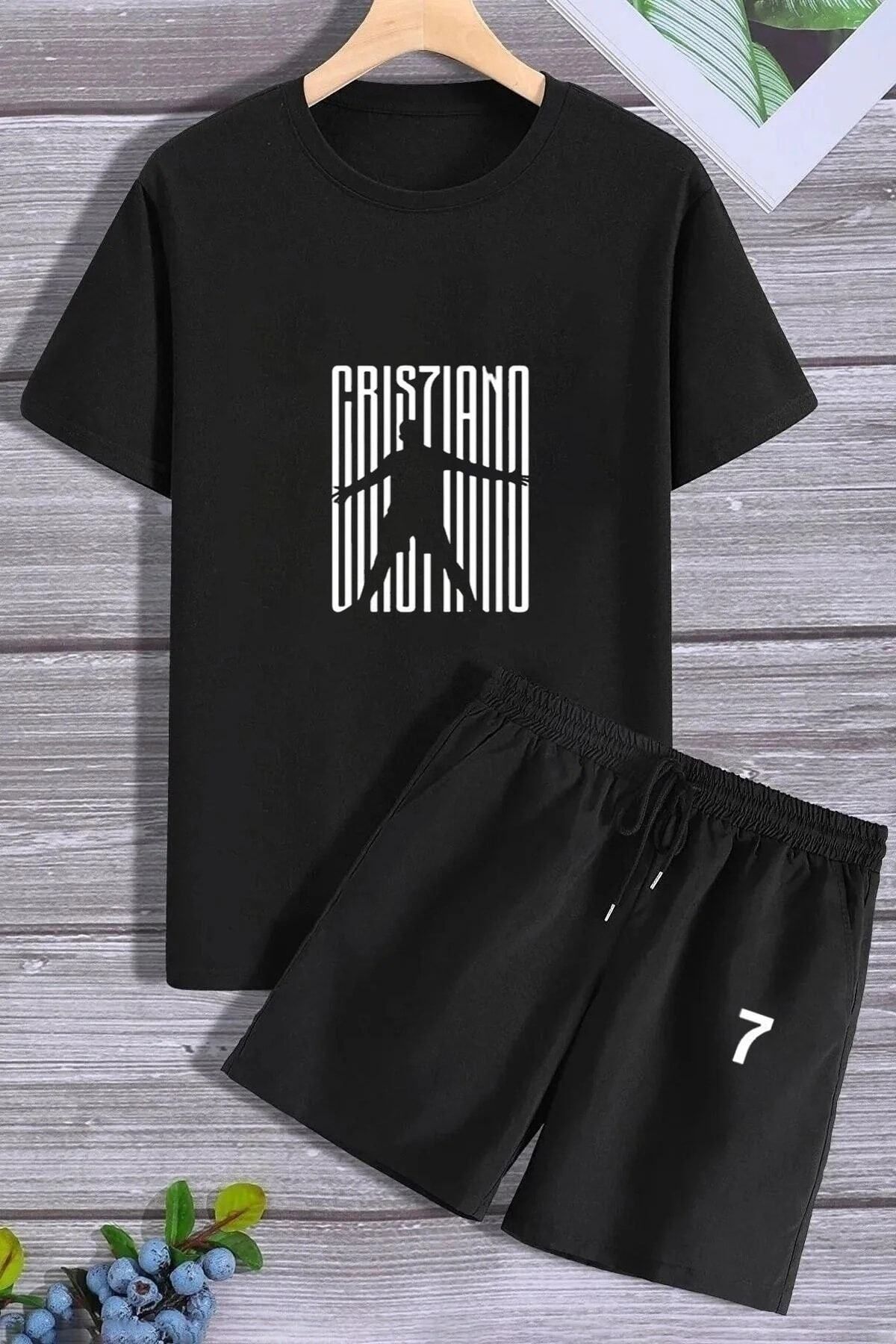 Trendglow Cr7 T-shirt Şort - Siyah Şortlu Tişört Alt Üst Takım Baskılı Oversize Bisiklet Yaka