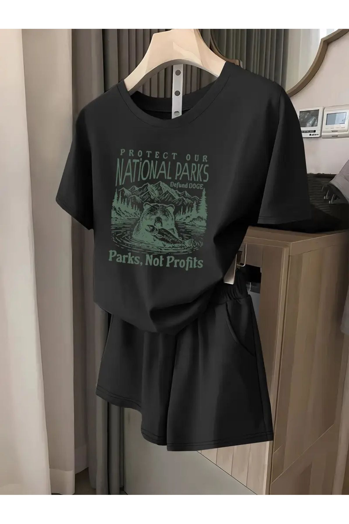 Trendglow National Parks T-shirt Penye Şort - Siyah Şort Tişört Takım Baskılı Oversize Bisiklet Yaka