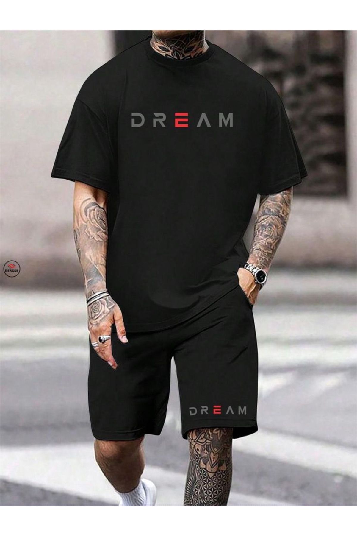 Trendglow Dream T-shirt Penye Şort - Siyah Şort Tişört Takım Baskılı Oversize Bisiklet Yaka