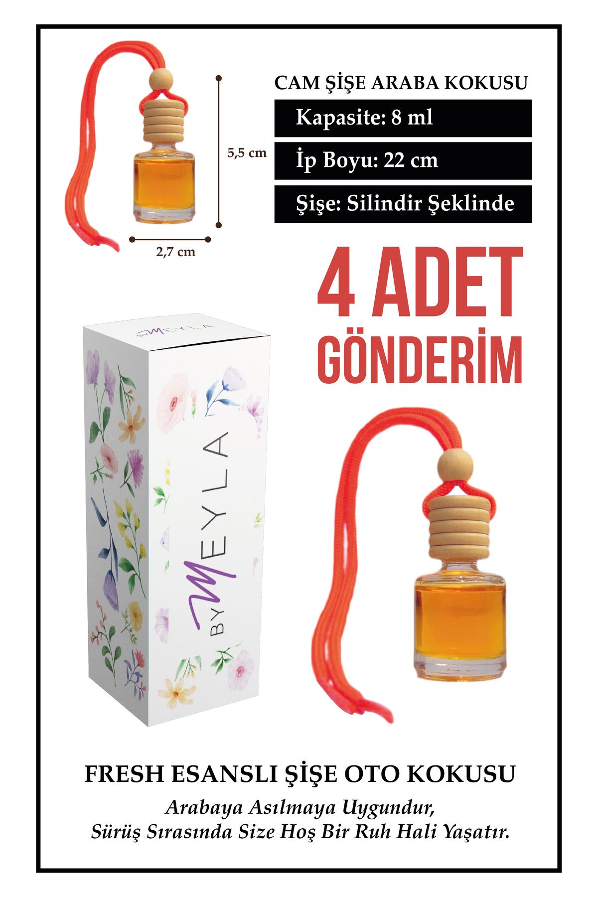 Meröka 4 Adet Fresh Esans Aromalı Cam Şişeli Oto Kokusu ve Dikiz Aynası Aksesuarı