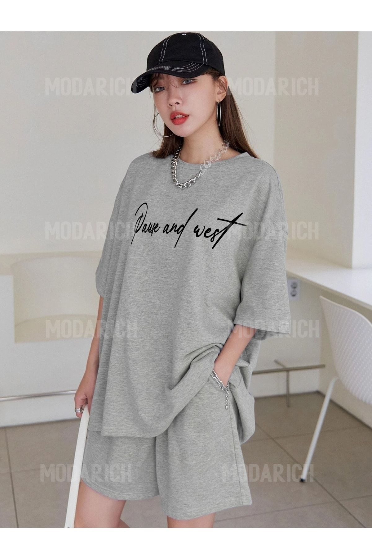 Mythologie Pause And West T-shirt Penye Şort - Gri Şort Tişört Alt Üst Takım Baskılı Oversize Bisiklet Yaka