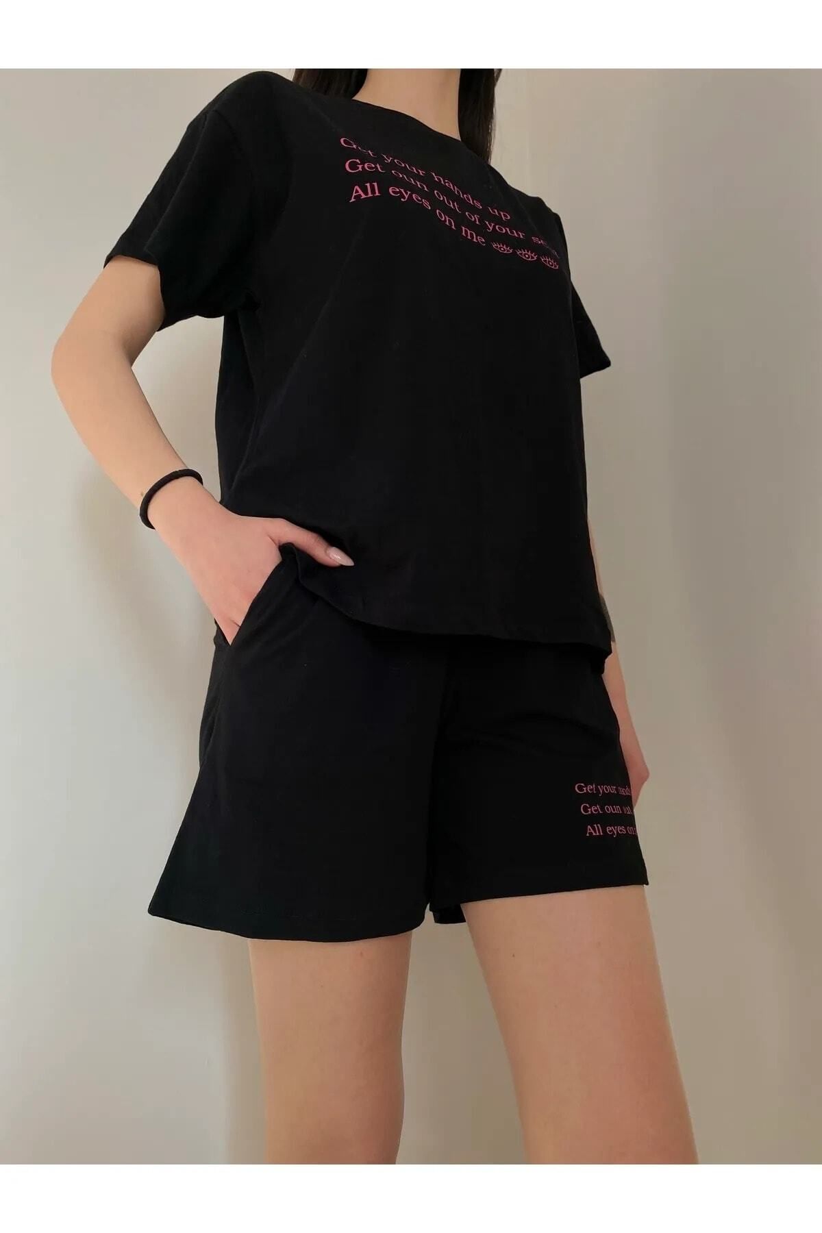 Mythologie All Eyes On Me T-shirt Penye Şort - Siyah Şort Tişört Alt Üst Takım Baskılı Oversize Bisiklet Yaka