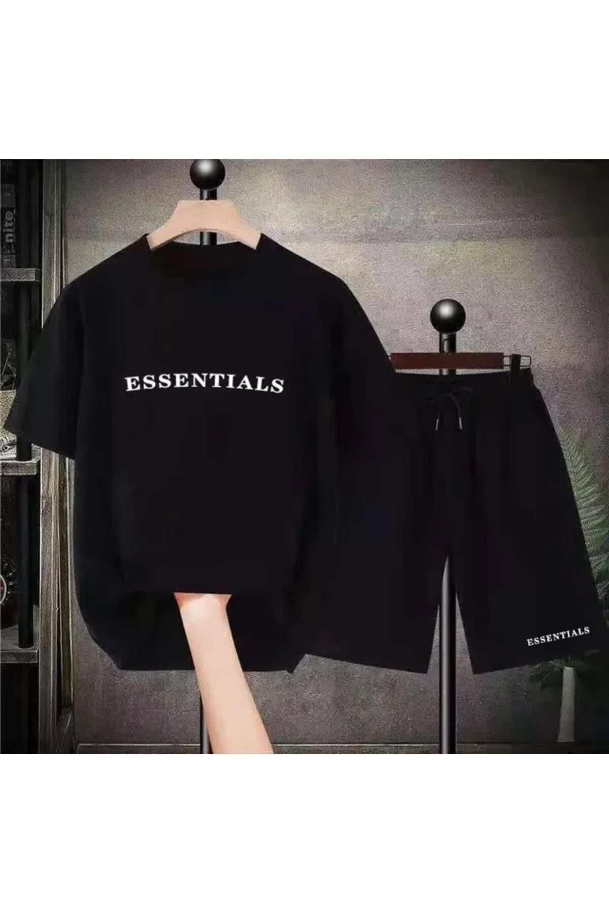 Mythologie Essentials Siyah T-shirt Penye Şort - Şort Tişört Alt Üst Takım Baskılı Oversize Bisiklet Yaka