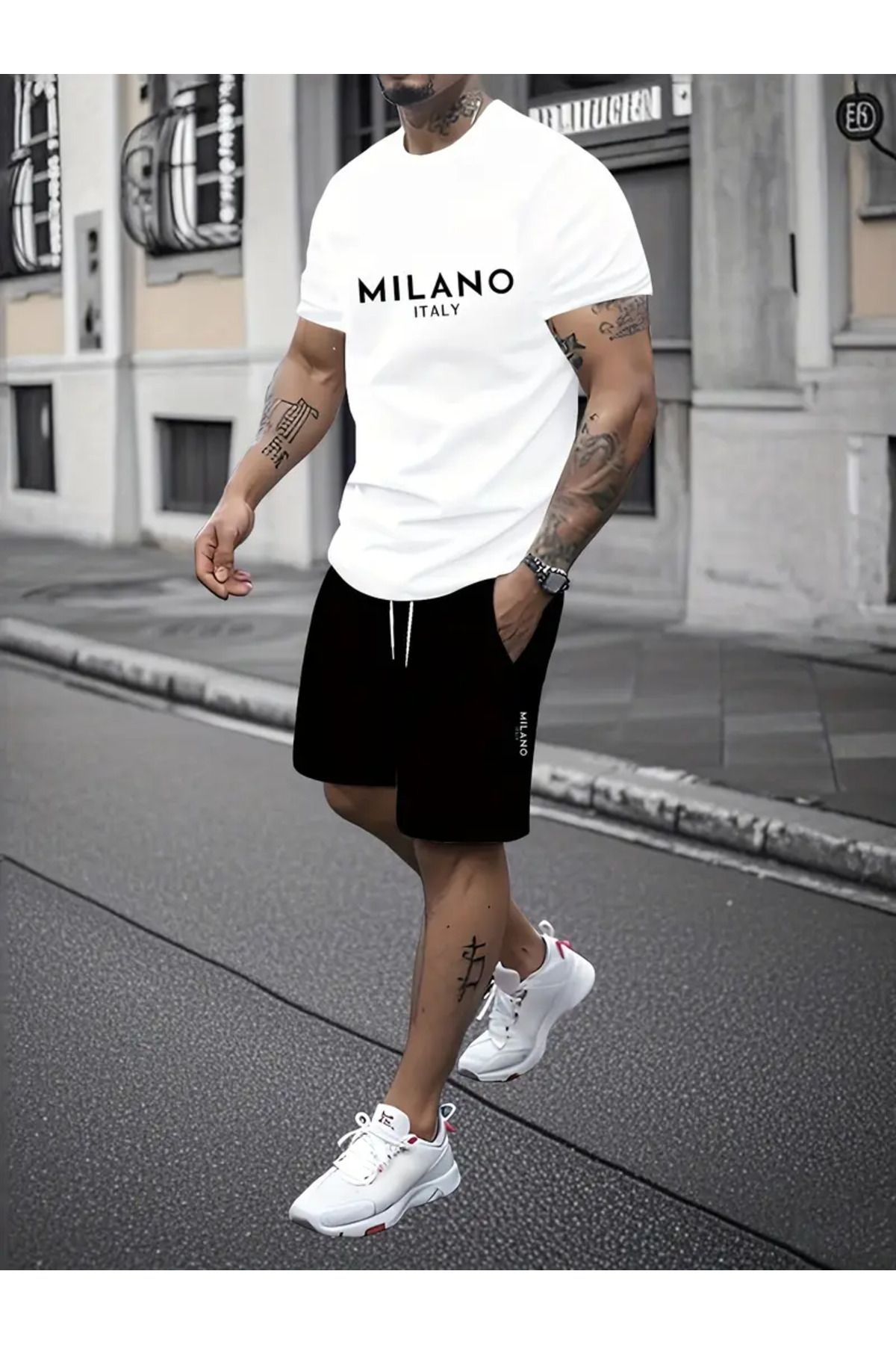 Trendglow Milano Italy T-shirt Penye Şort - Beyaz Siyah Şort Tişört Takım Baskılı Oversize Bisiklet Yaka