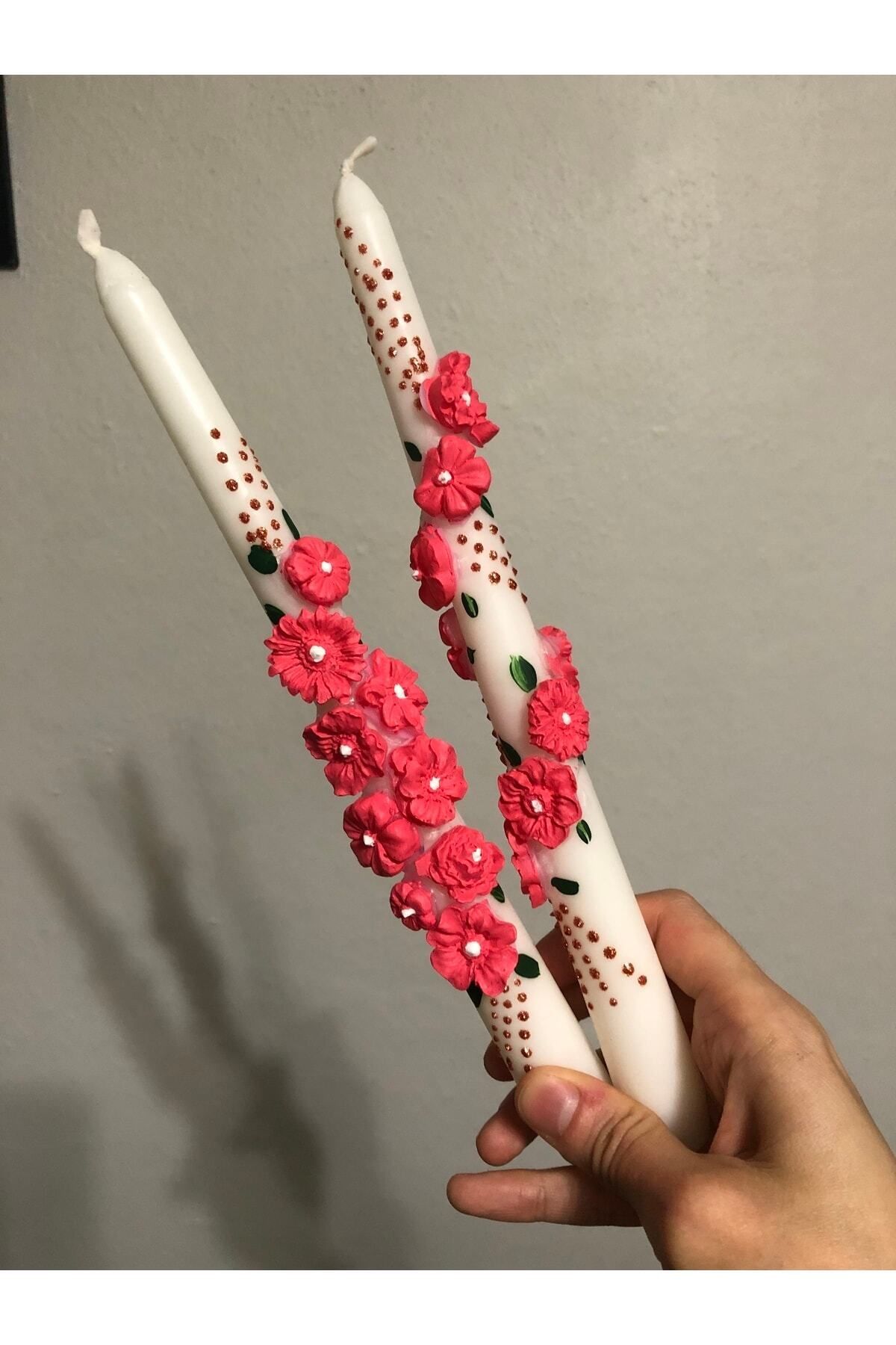 Saatistan 2’li Pembe Çiçekli Üç Boyutlu Şamdan ve Mum Seti, Papatyalı Desenli