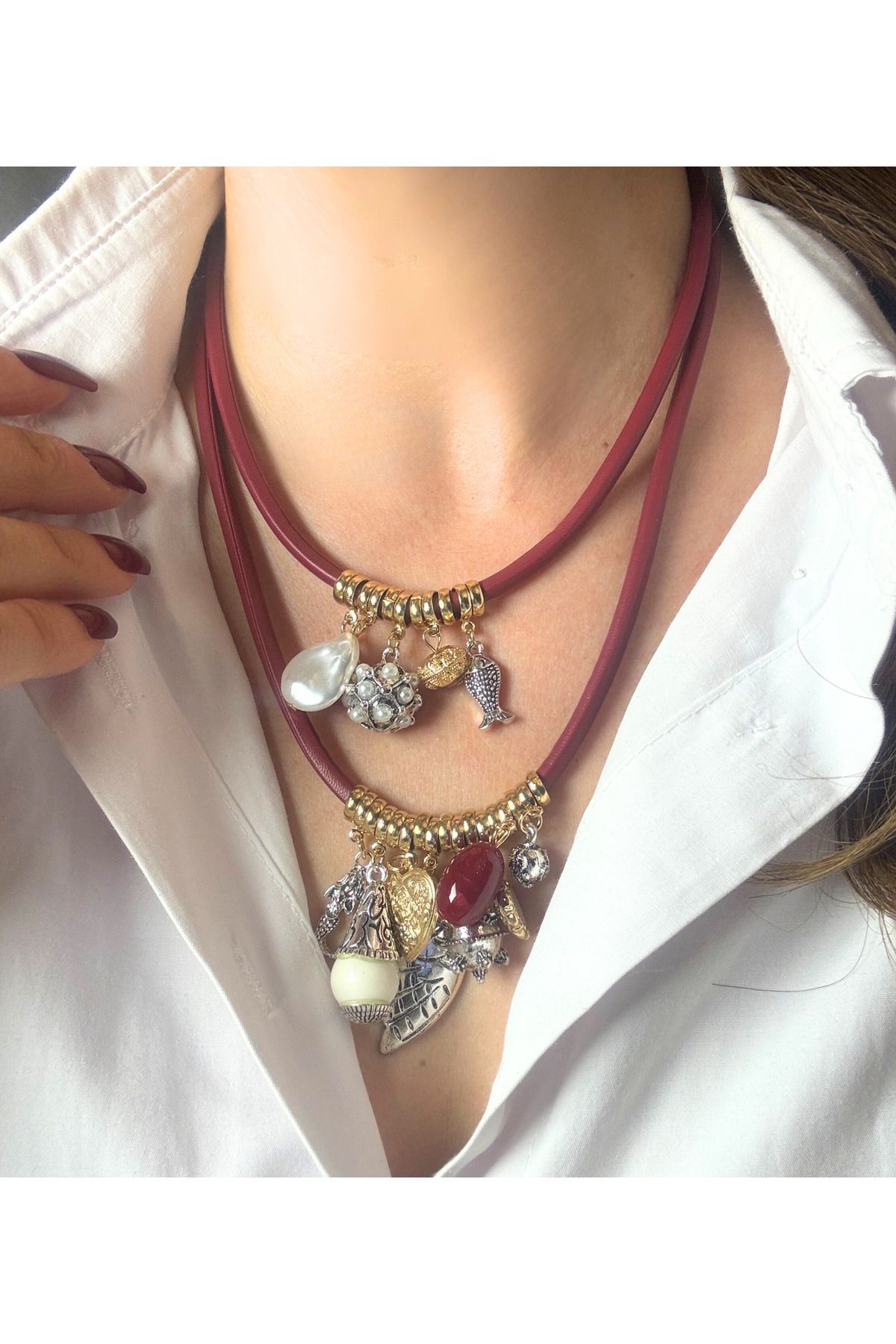 LYRA OFFİCİAL Zr Marka Bordo 2'Lİ Charm İnci Uçlu Kordon Kolye Set