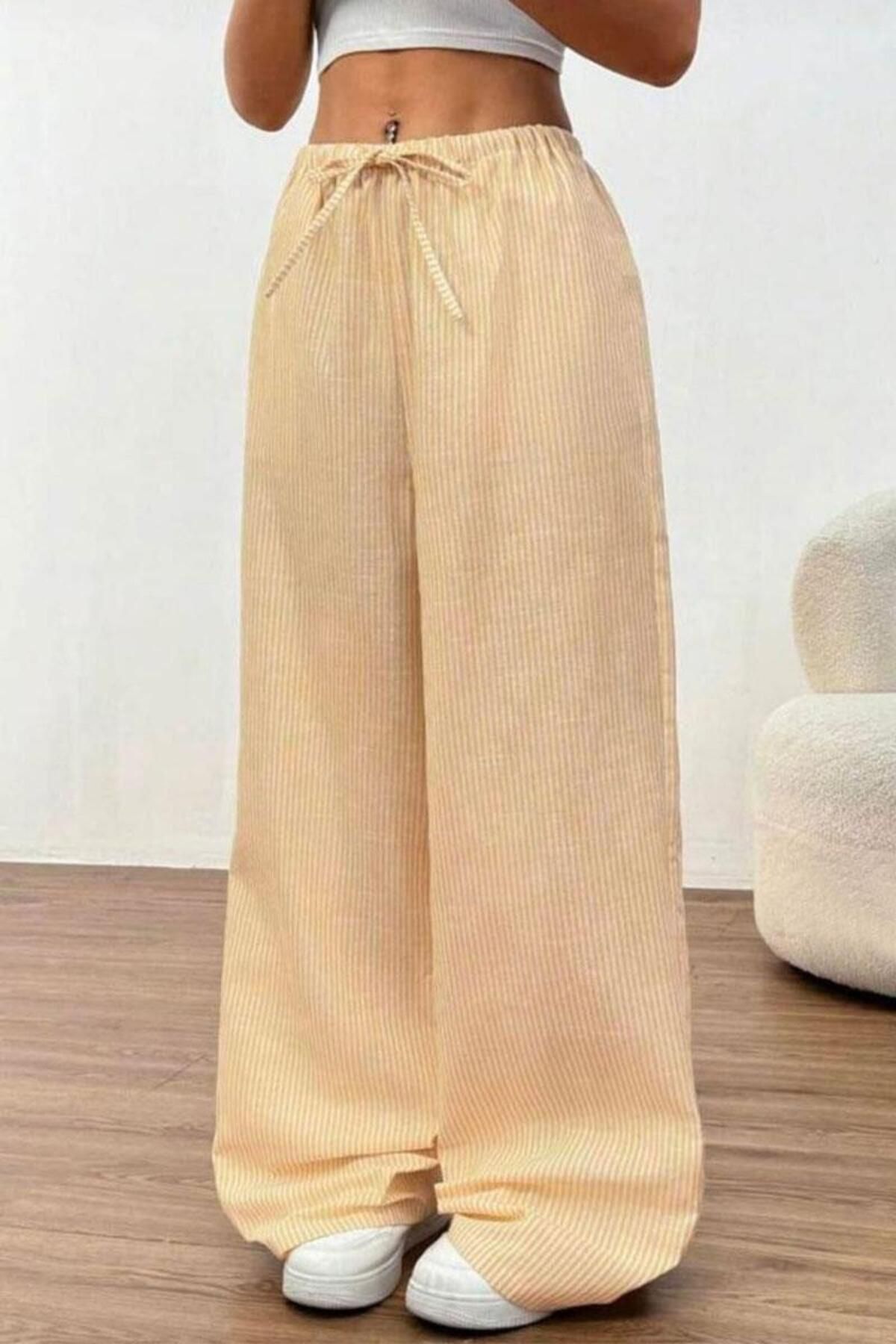 Köstebek Çizgili Rahat Kesim Beli Lastikli Pamuklu Kadın Pijama Pantolon
