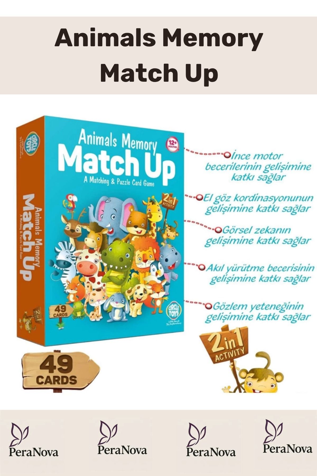 PeraNova Özel Seri Zeka Geliştirici Eğitici Çocuk El Göz Kordinasyonu Animals Memory Match Up