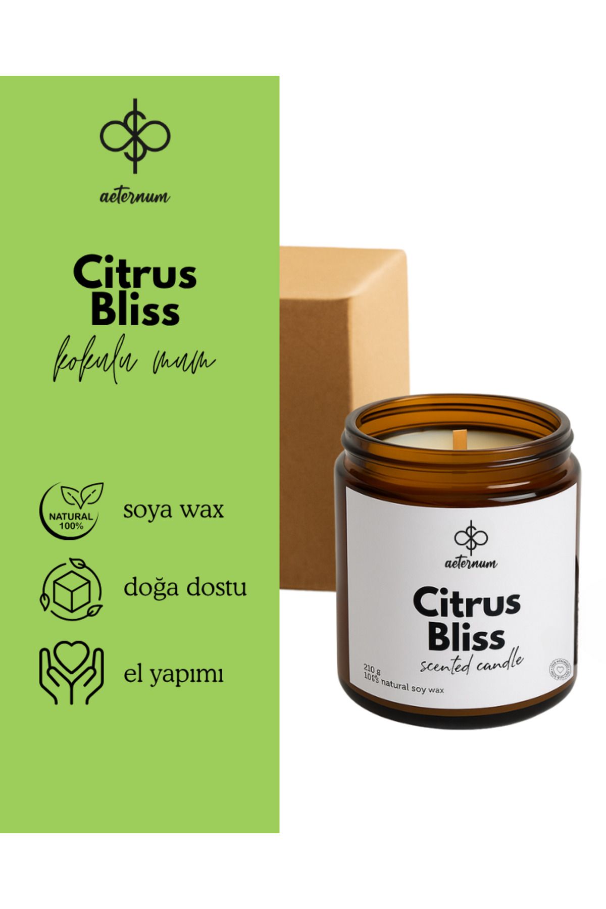 Aeternum Citrus Bliss %100 Doğal Soya Wax El Yapımı Limonotu Kokulu Mum 210g