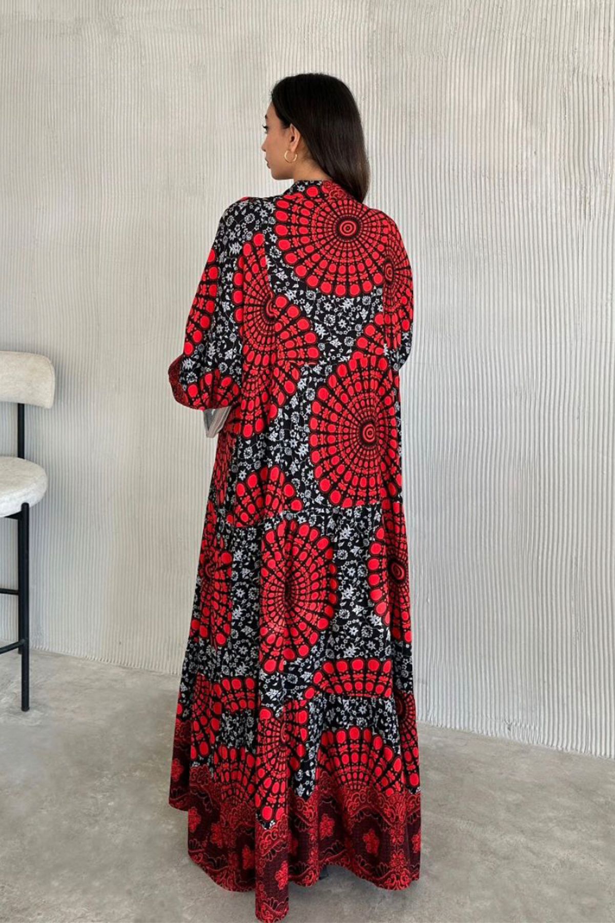 AYASOFYA OTANTIK-Women's Red Button Detailed Patched Collar Ethnic Patterned Balloon Sleeve Loose Long Dress 6