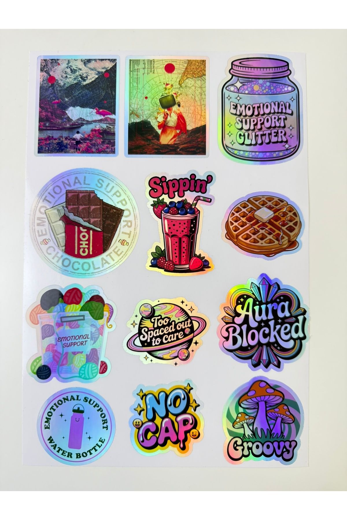 cakaybu Hologram Estetik Sticker Seti – 12’li Renkli ve Mizahi Tasarımlar, Laptop & Defter Uyumlu