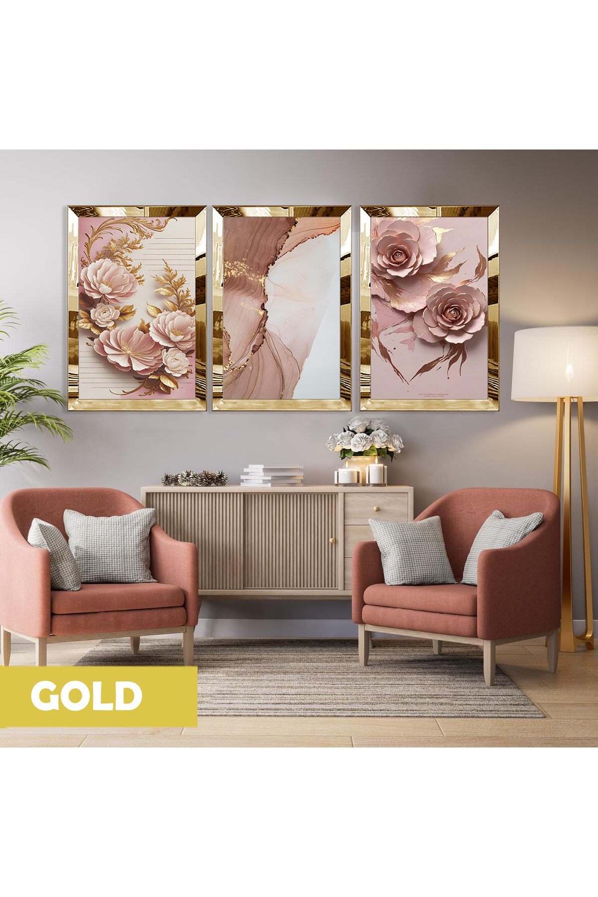 Harikabirev HARİKABİREV|PEMBE GOLD ÇİÇEKLİ SOYUT KOMBİN(GARDENYA) |PLEKSİ ÇERÇEVELİ MDF PLKSMDF