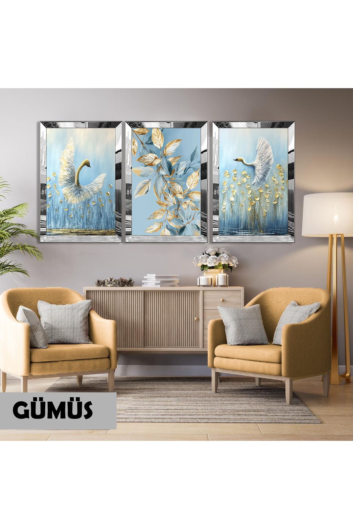Harikabirev HARİKABİREV|GOLD MAVİ RENK KUĞU KOMBİNİ (SWAN)|PLEKSİ ÇERÇEVELİ MDF PLKSMDF