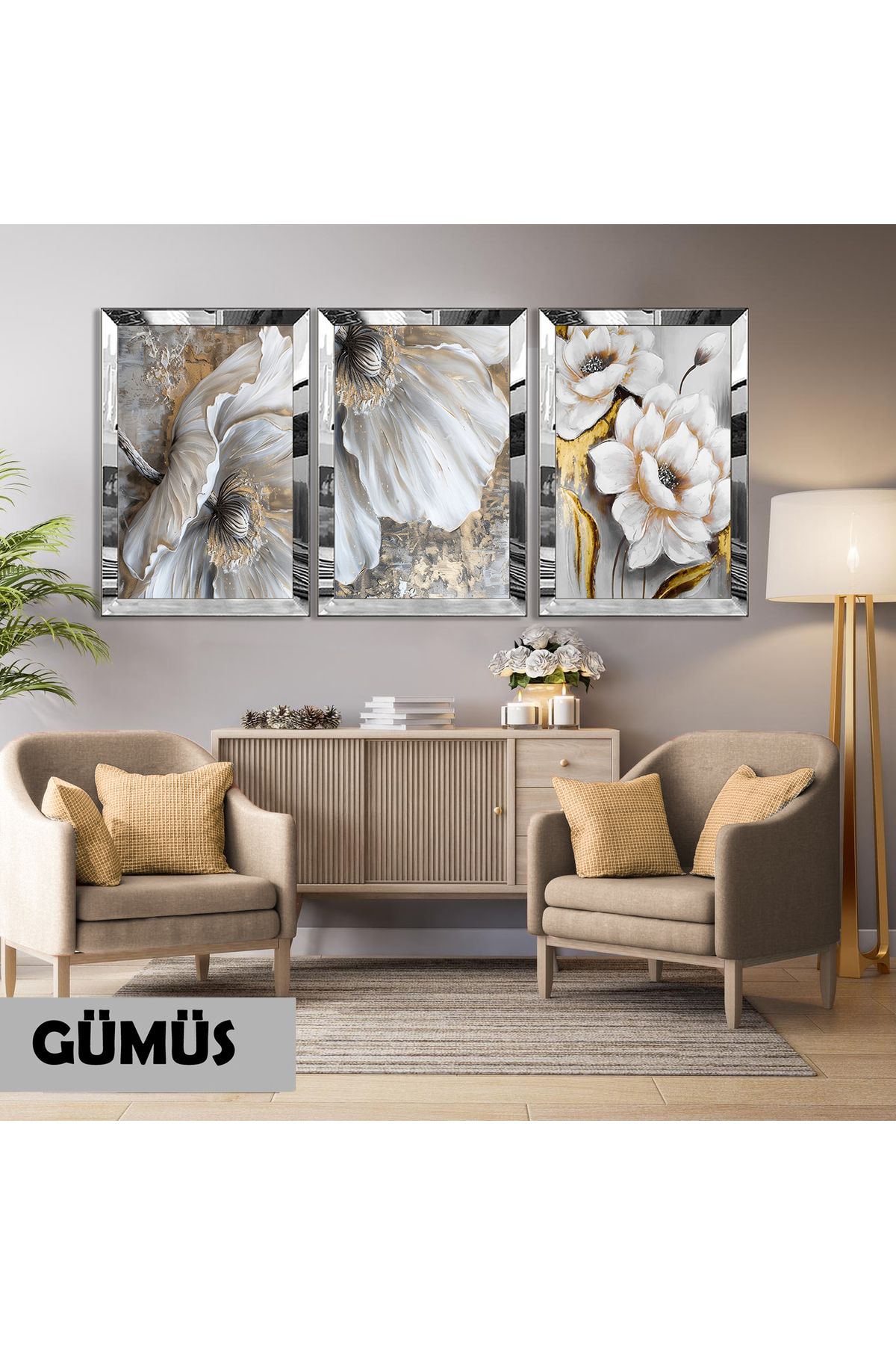 Harikabirev HARİKABİREV|GRİ-GOLD ÇİÇEK KOMBİNİ (ARTISTIC) |PLEKSİ ÇERÇEVELİ MDF PLKSMDF
