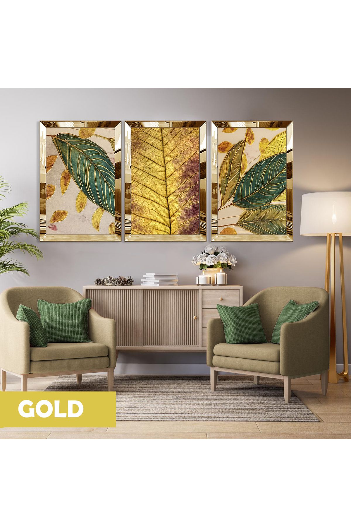 Harikabirev HARİKABİREV|YEŞİL GOLD YAPRAK DETAY KOMBİN(LEAVES) |PLEKSİ ÇERÇEVELİ MDF PLKSMDF