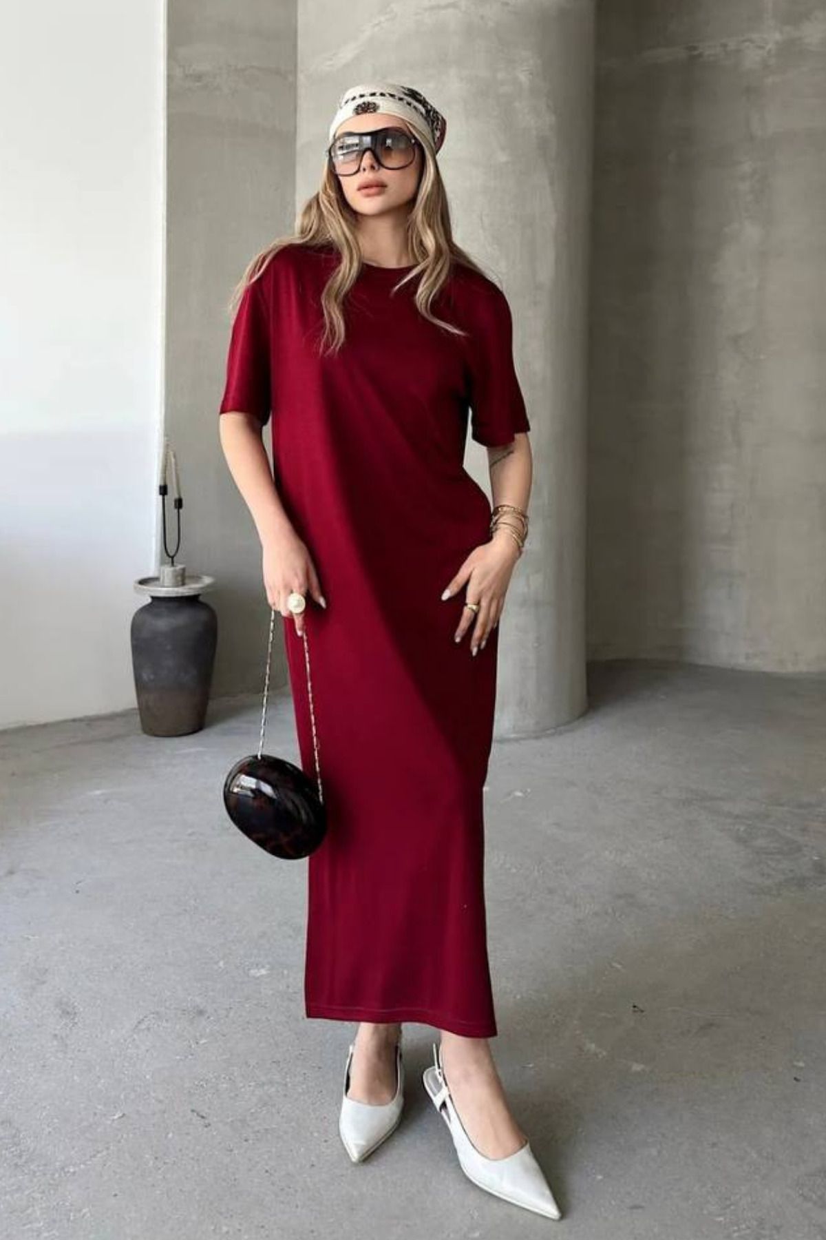 Mogi Butik Modal Kumaş Yarım Kol Yırtmaçlı Uzun Kadın Elbise 3083