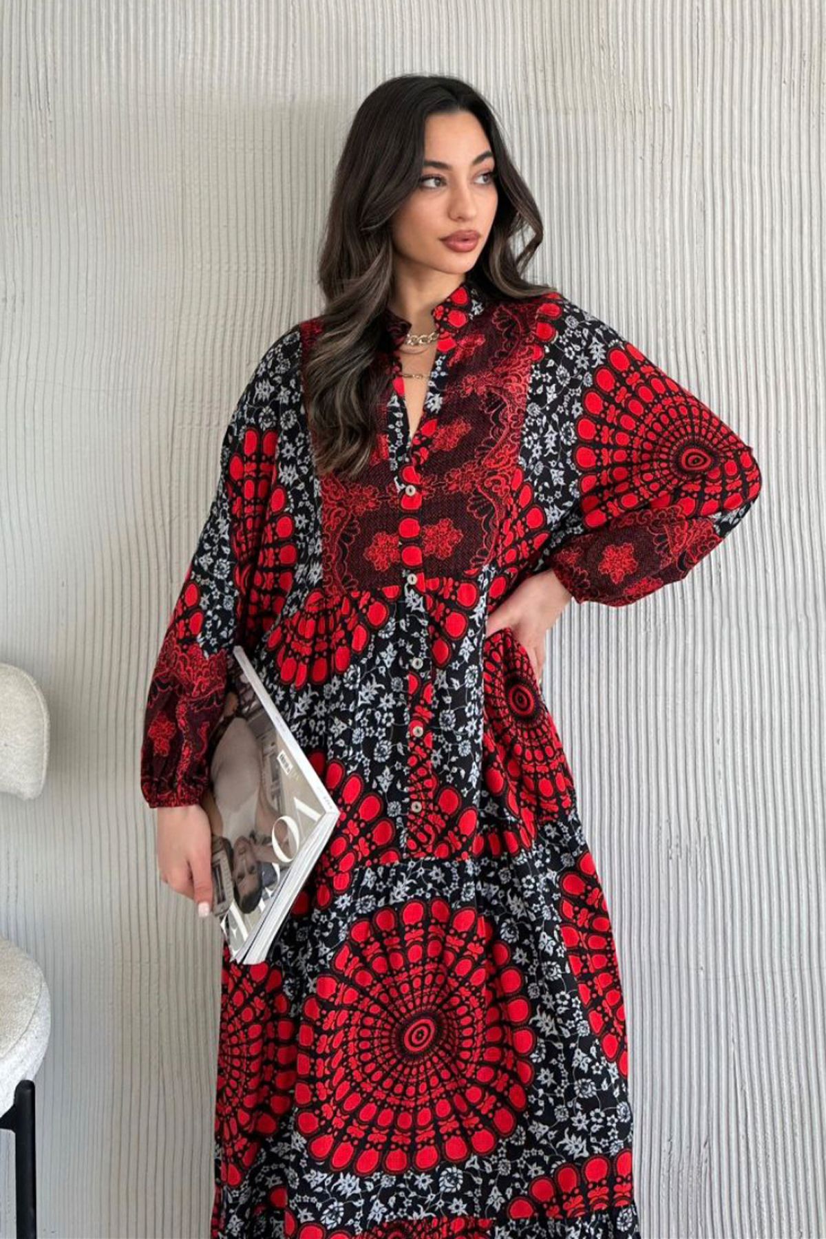 AYASOFYA OTANTIK-Women's Red Button Detailed Patched Collar Ethnic Patterned Balloon Sleeve Loose Long Dress 3