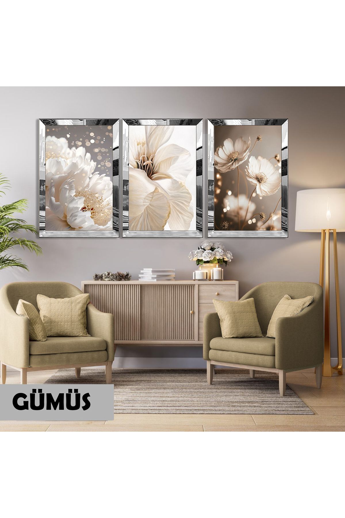 Harikabirev HARİKABİREV|KREM-GOLD ÇİÇEK KOMBİNİ (ELEGANT) |PLEKSİ ÇERÇEVELİ MDF PLKSMDF