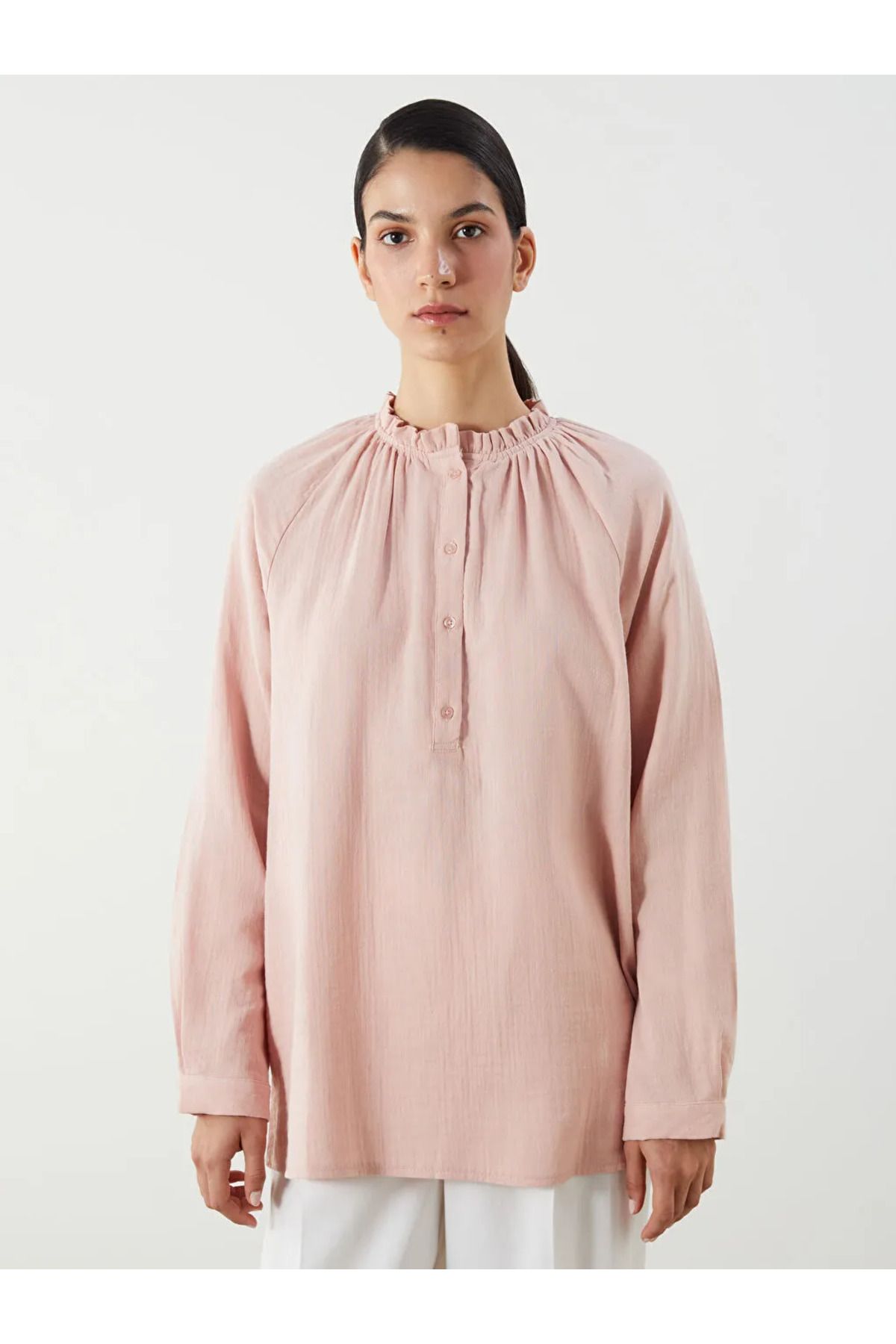 LC Waikiki LCW Modest Turuncu Fırfırlı Yaka Dokulu Müslin Bluz