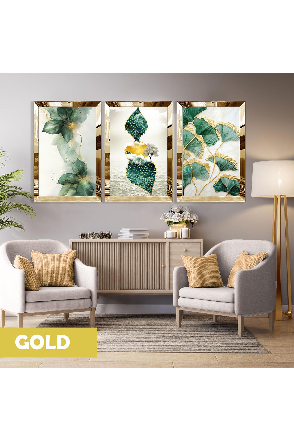 Harikabirev HARİKABİREV|YEŞİL GOLD ÇİÇEKLİ YAPRAK SOYUT KOMBİN(EMERALD) |PLEKSİ ÇERÇEVELİ MDF PLKSMDF